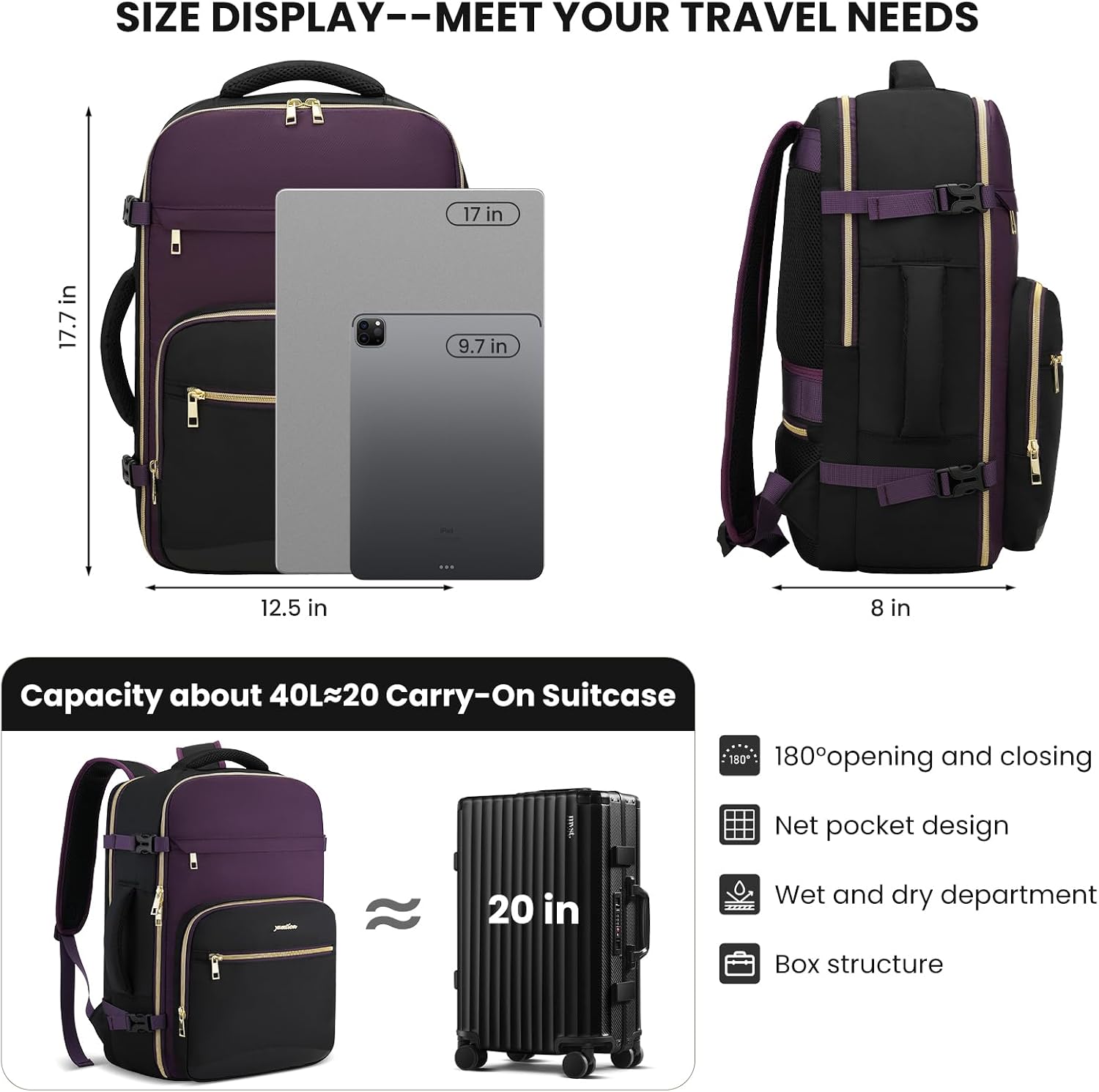YAMTION 40L Large Travel Backpack for Women,Carry On Bookbag Luggage with 4 Packing Cubes, Airline Approved Weekender Backpacks for Personal Items fits 17 Inch Laptop