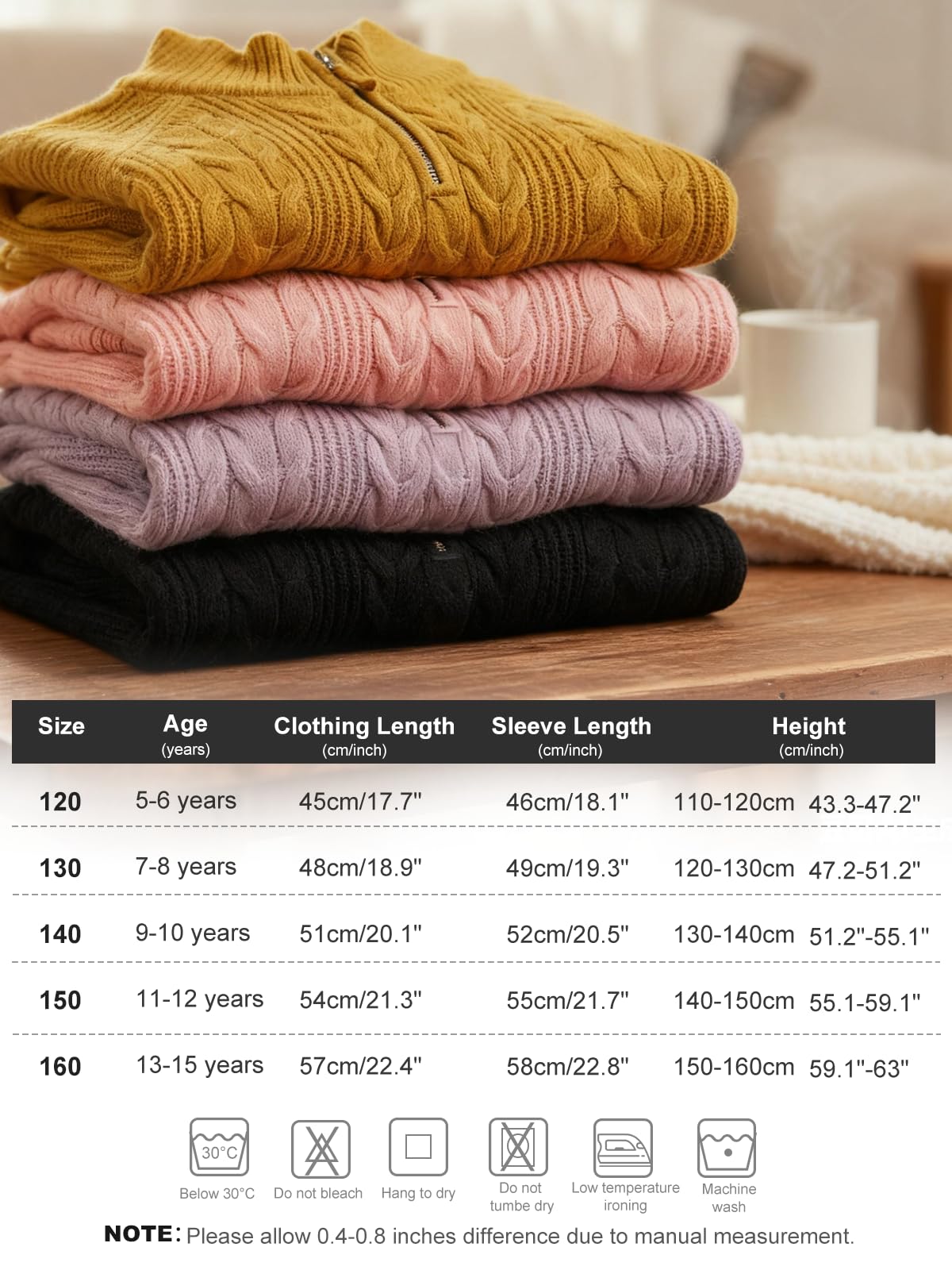 Dziewczęcy sweter z dzianiny z zamkiem do połowy, stójka, dzianina, ciepły sweter z długim rękawem, miękki, przytulny sweter, jesienno-zimowy, topy dla dzieci w wieku 5-15 lat