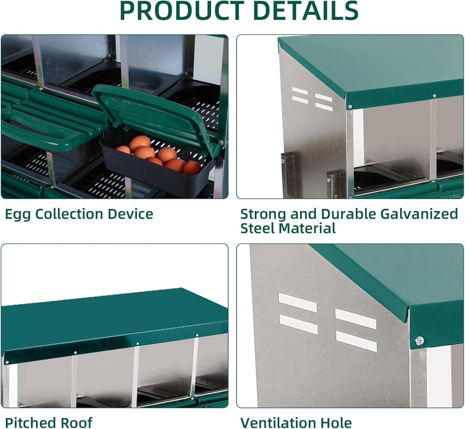 Garvee Ponedero para Gallinas de Metal con 3 Departamentos - Caja Nido con Recogida Automática de Huevos - Nido Galvanizado con Patas para Gallinero - Diseño Ventilado y Resistente - 80x52x47cm