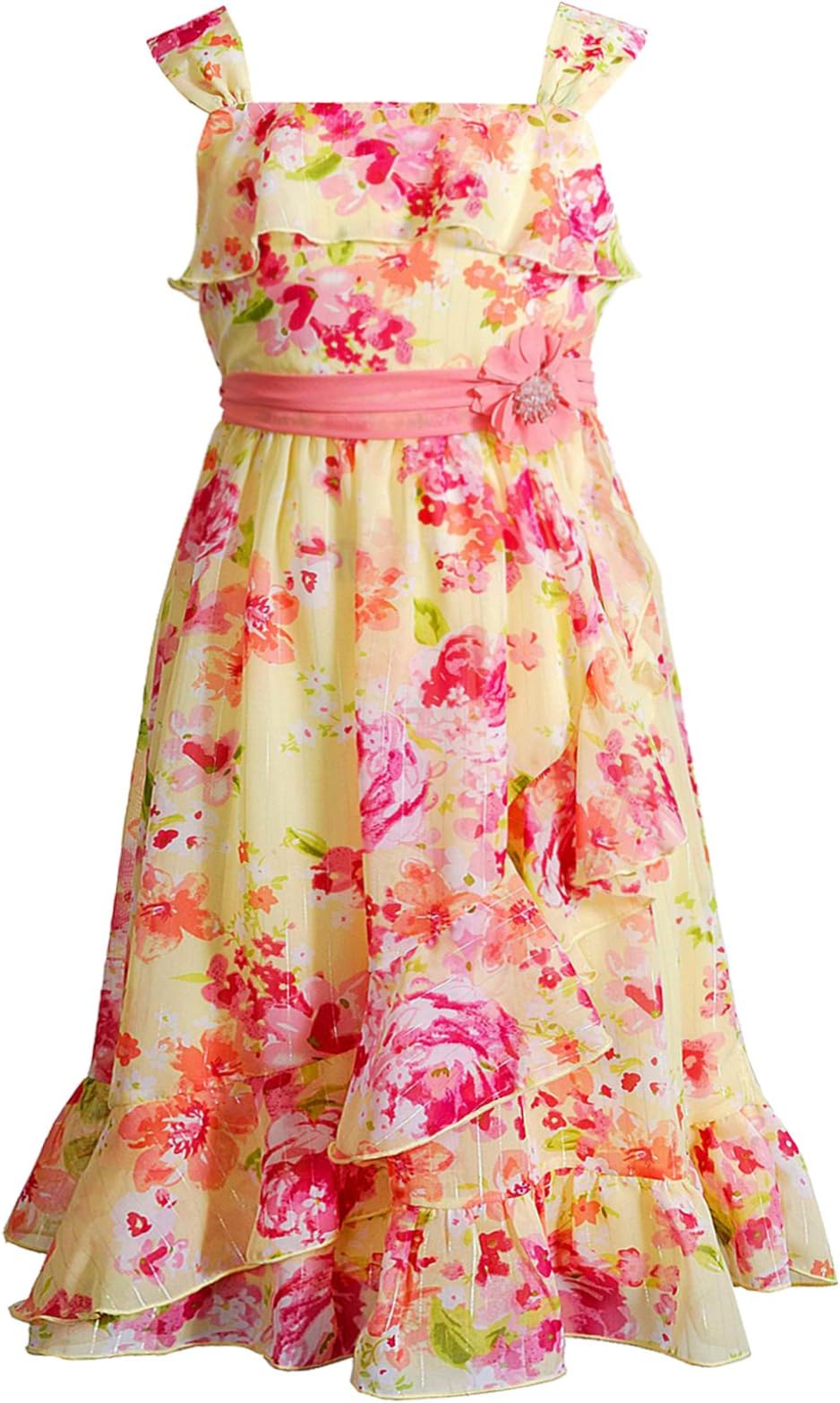 Tween Girls 7-16 Yellow Multi Asymmetric Ruffle Floral Print Chiffon Dress