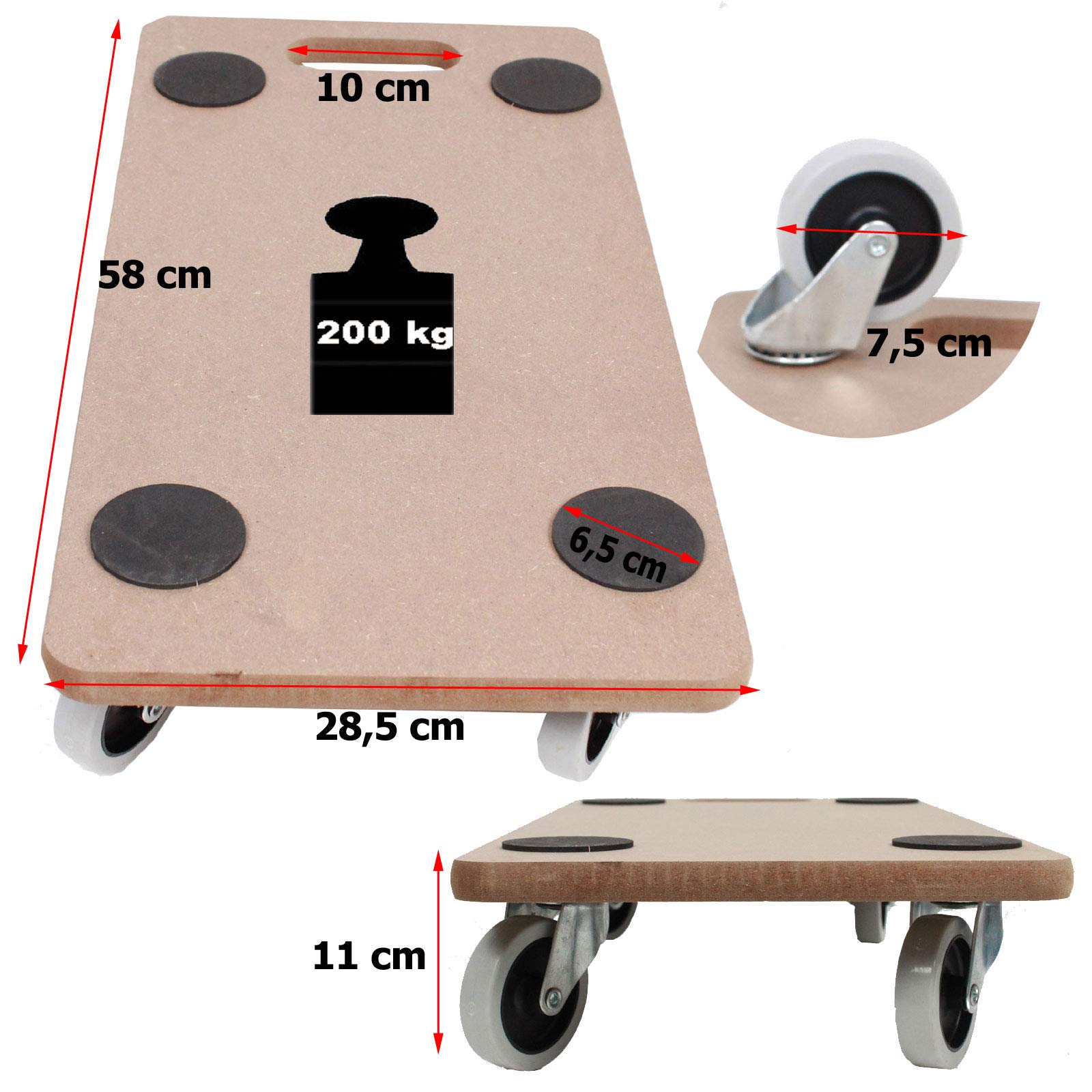 TRUTZHOLM 2er Set Transportroller Soft Wheel geeignet für empfindliche Böden (Laminat, Parkett, helle Fliesen) mit Stabiler MDF Platte 200 kg