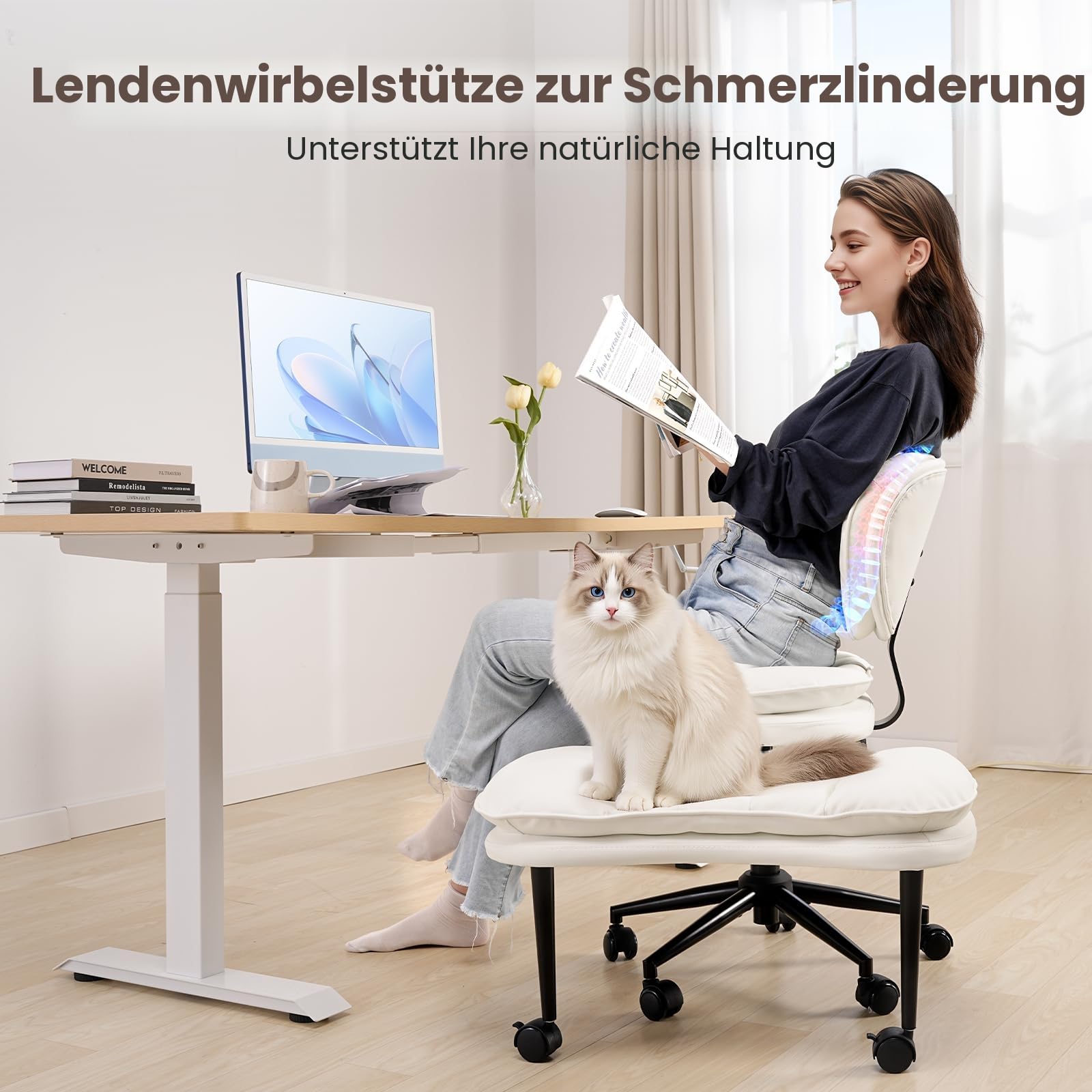 HOMRELEXA Bürostuhl mit Kreuzbeinen, 360° drehbar, Ergonomischer Kniestuhl, Criss Cross Schreibtischstuhl mit Verstellbarer Höhe, ADHS-Meditationsstuhl mit Rückenstütze, Cloud PU-Leder, Reinweiß