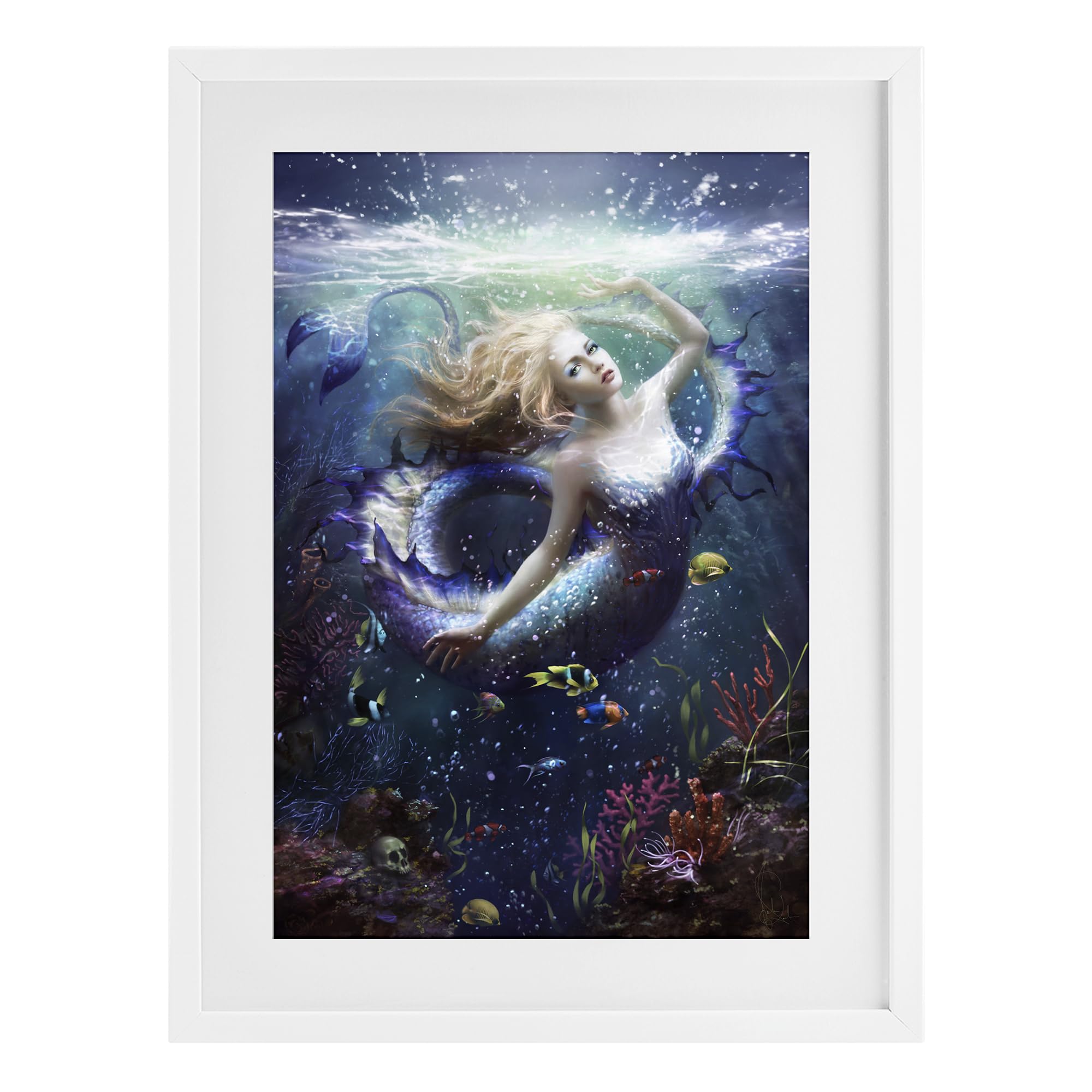 Stupell Industries Coastal White (Textured) Deep Sea Mermaid Fantasy, 14 X 20 Inch Framed Print Under Glass