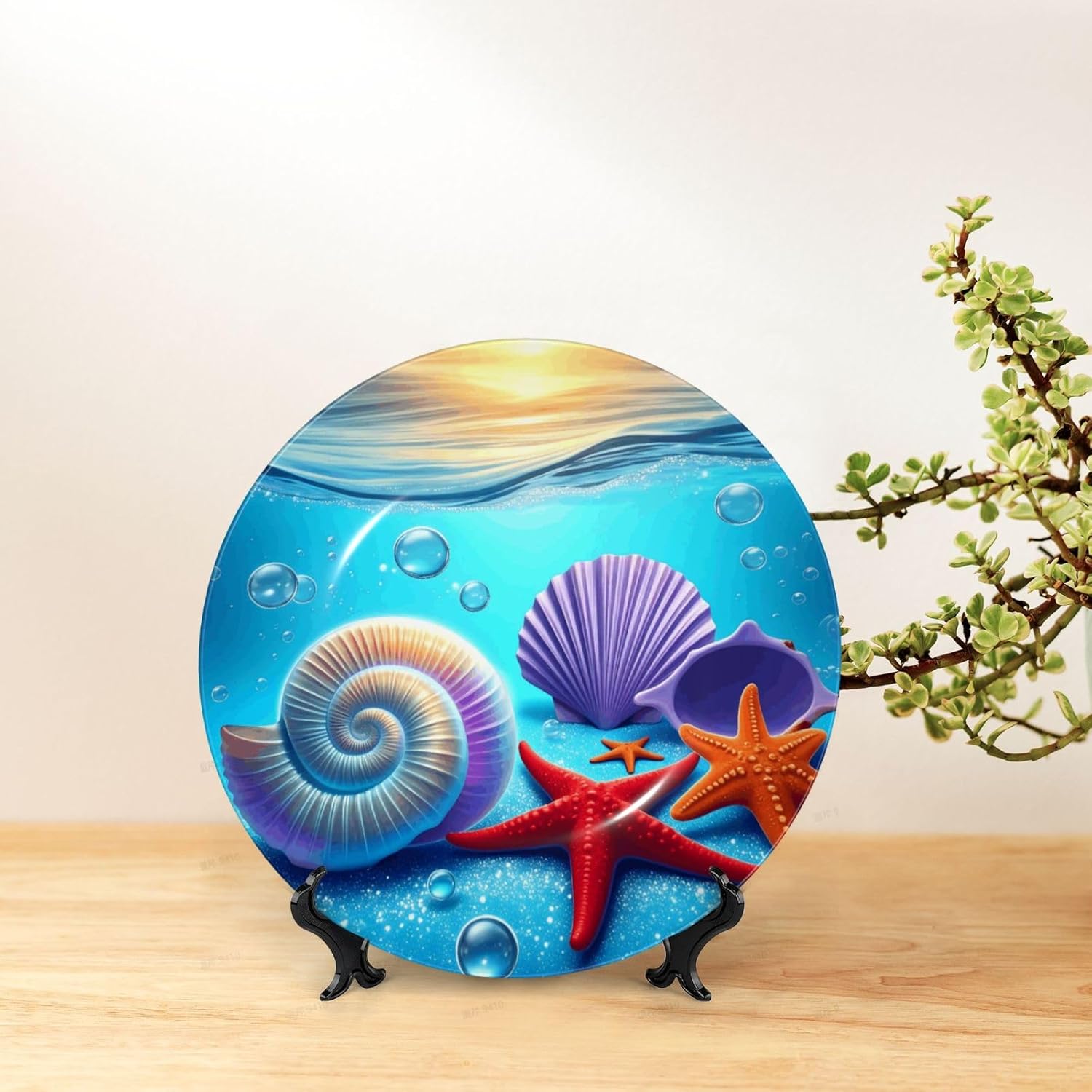 Seashells And Starfish On Beach Style Ceramic Plate Display Decorative Plate With Stand Wall Hanging Plate For Home Decor 10 Inch