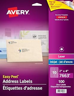 Avery Clear Shipping Labels with Easy Peel for Laser and Inkjet Printers, 2" x 4", Glossy Clear, Rectangle, 100 Labels, Permanent (7663) Made in Canada