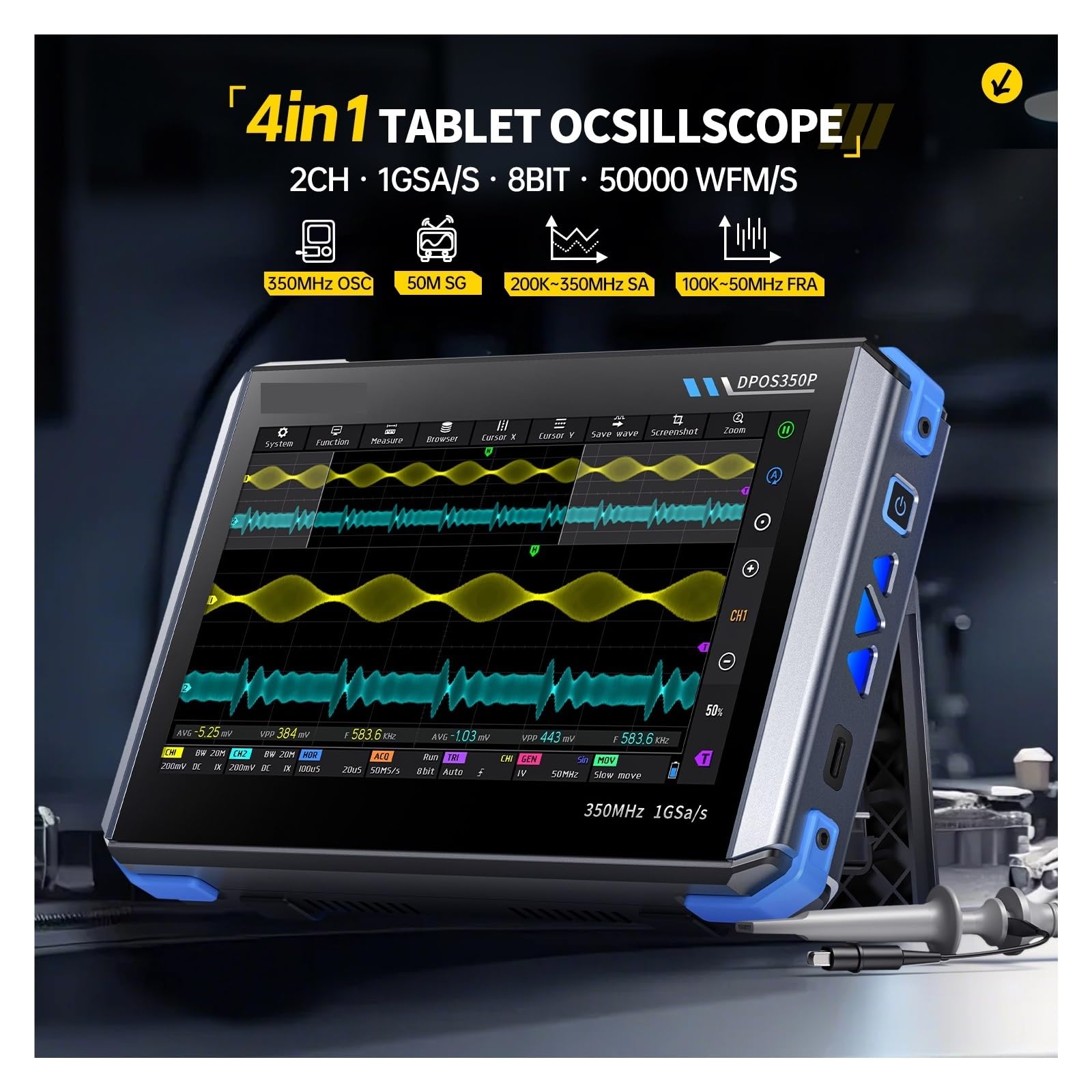Oscilloscopio Digitale Oscilloscopio Professionale for Tablet 4 in 1, generatore di Segnale a 2 canali da 350 MHz e fra