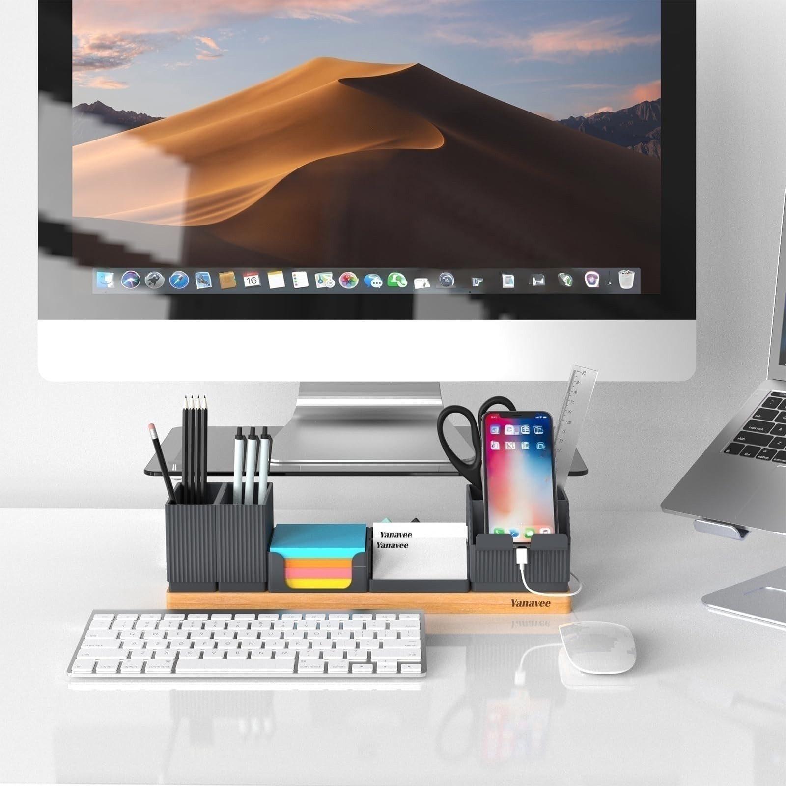 Organisateur de Bureau avec Porte-Stylo Réglable, Support de Téléphone, Porte-cartes de Visite, Pot à Crayons, Plateau de Notes Autocollantes, Organiseur de Table pour Bureau à Domicile