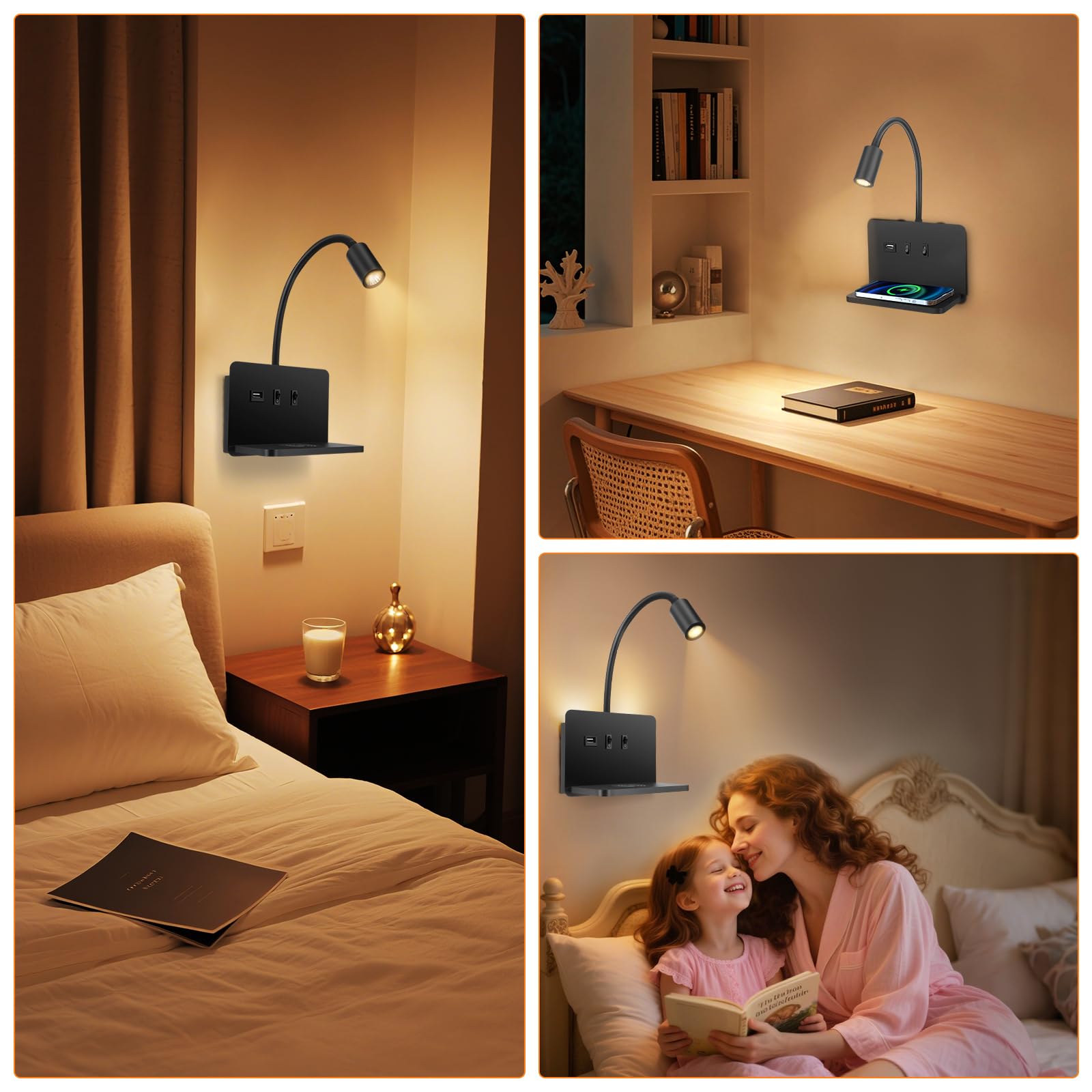 Lampada da parete per comodino con porta di ricarica USB e Caricatore Wireless, lampada da lettura 3W + 9W 3000K, Faretto Regolabile Luce Ambientale per Camera da Letto(2)