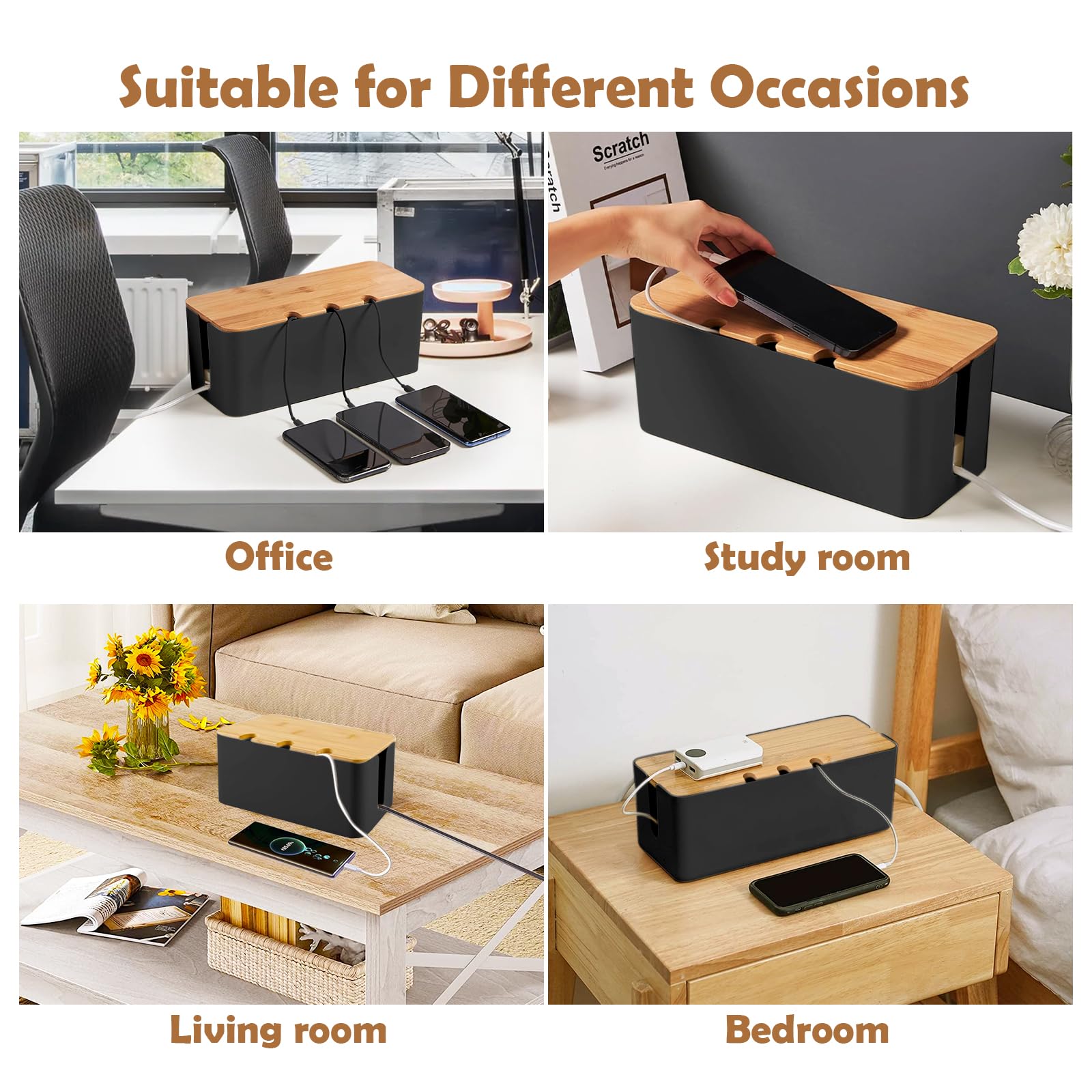 3 Piezas Caja Organizadora Cables, Caja Organizadora de Cables con Tapa de Madera Perforada, para Ocultar Enchufes, Tres Tamaños, Grande, Mediano y Pequeño, Negro