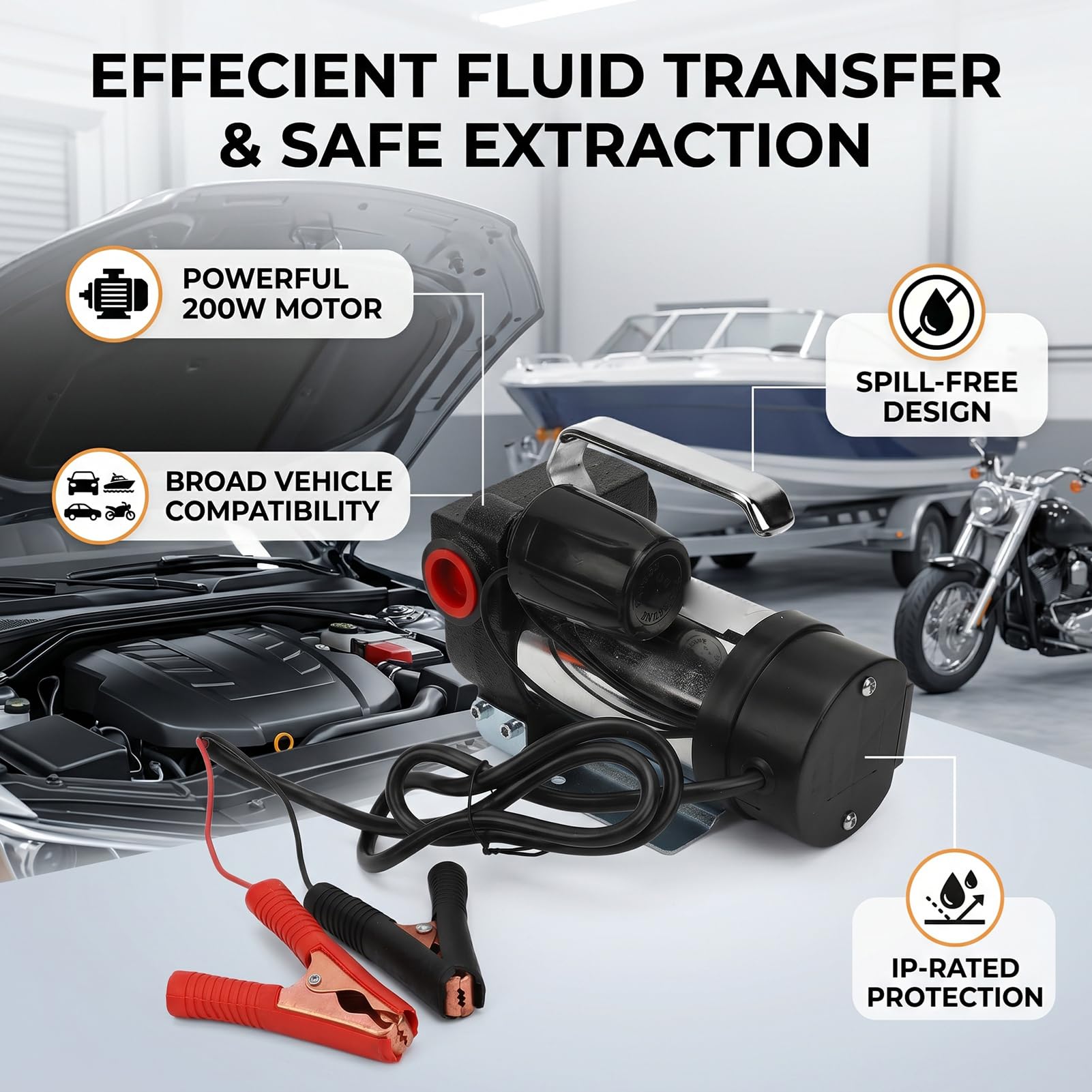 Bomba Extractora de Aceite Eléctrica de 12V para Propietarios Coches Barcos Motos,Motor 200W con Caudal 50L & Min,Arranque y Parada Automáticos,Impermeable Prueba Polvo