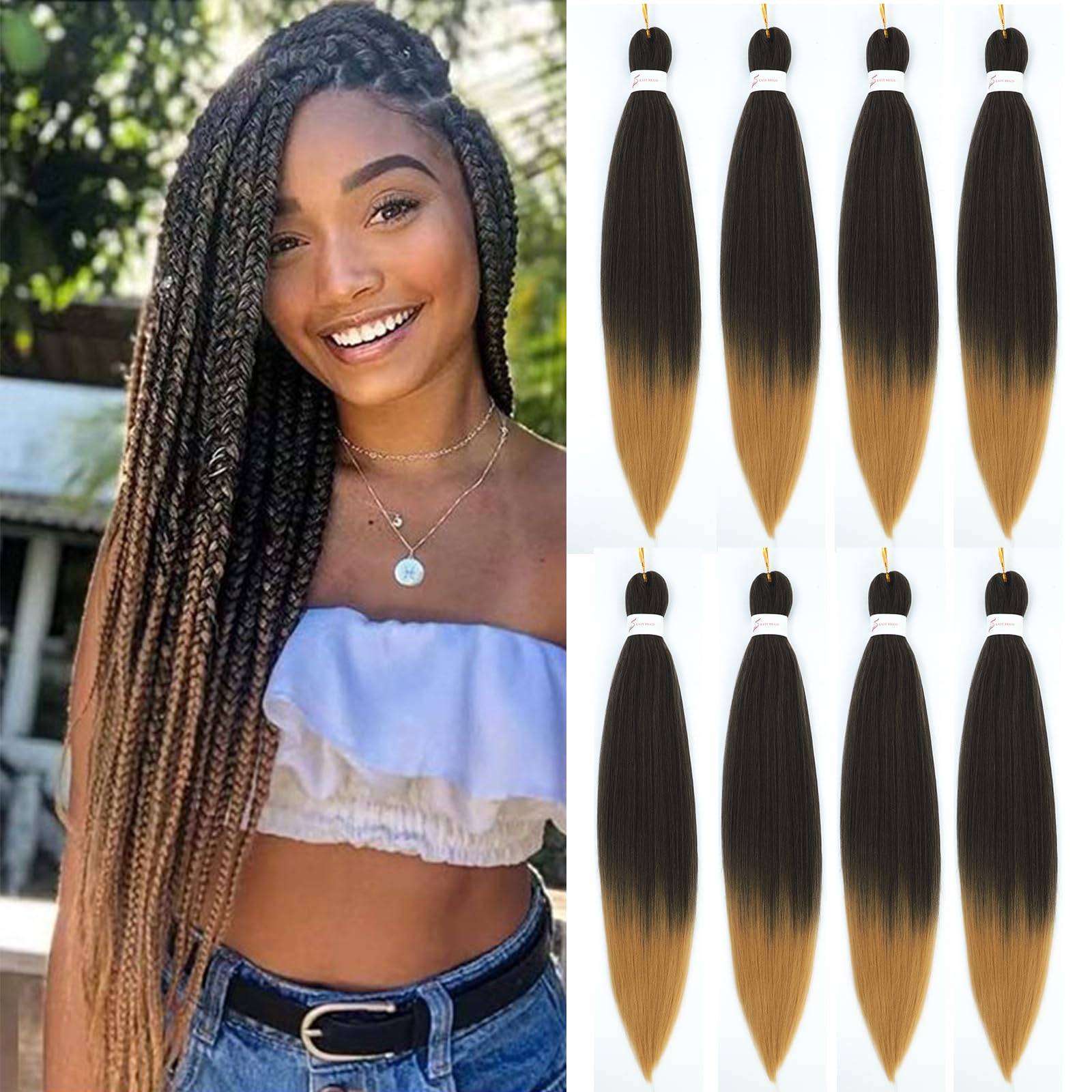 Ombre Braiding Hair Pre Stretched 24 Inch 8 Packs Long Braiding Hair Extension Pre Stretched Braiding Hair Professional Synthetic Hair For Braiding