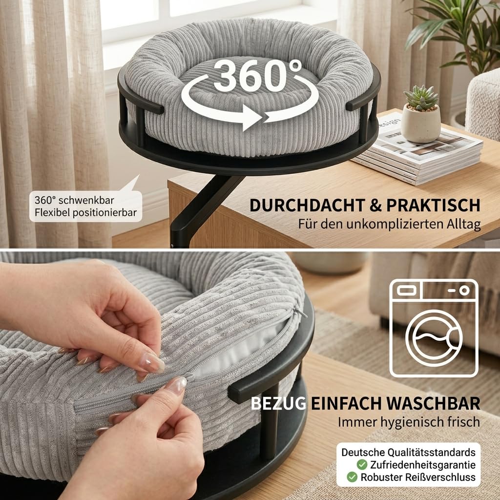 Katzenbett LEVI | Katzenbett Schreibtisch | Katzenplattform | Für Tische und Fenstersims | Inkl. 2 Betten | Cord-Design Grau | Robust und modern (Schwarz)