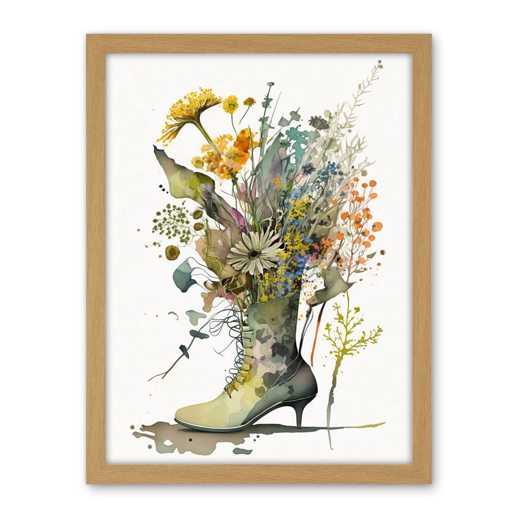 Artery8 Spring Wildflower Bouquet Stiletto Military Boot Artwork Framed Wall Art Print 18X24 Inch
