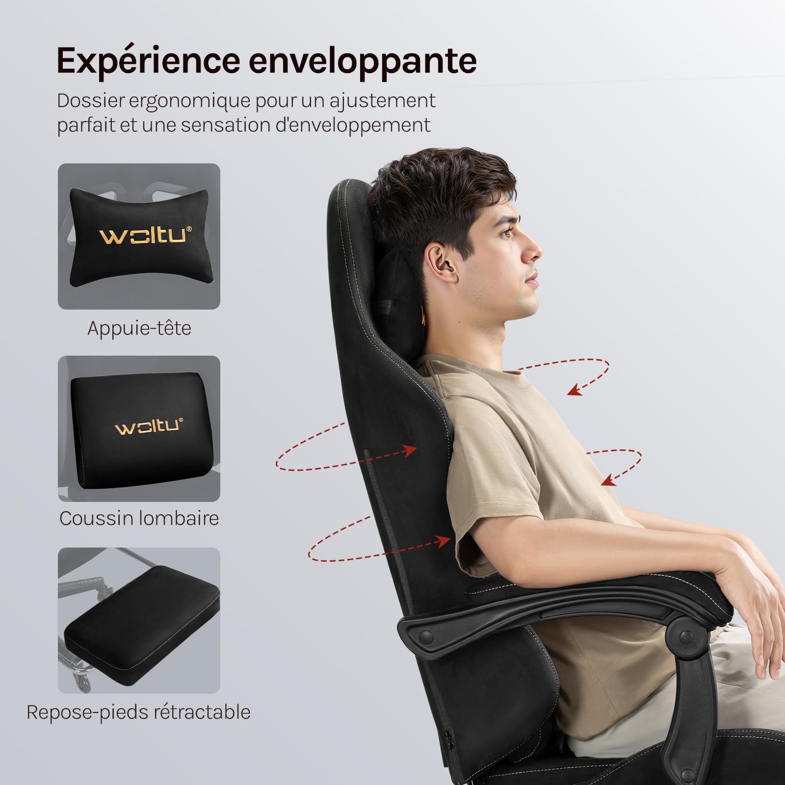 WOLTU Chaise Gaming, Fauteuil de Bureau, Ergonomique, avec Dossier Inclinable, Repose-Pieds Rétractable, Accoudoirs Reliés, Appui-tête et Soutien Lombaire, en Faux Daim,Noir