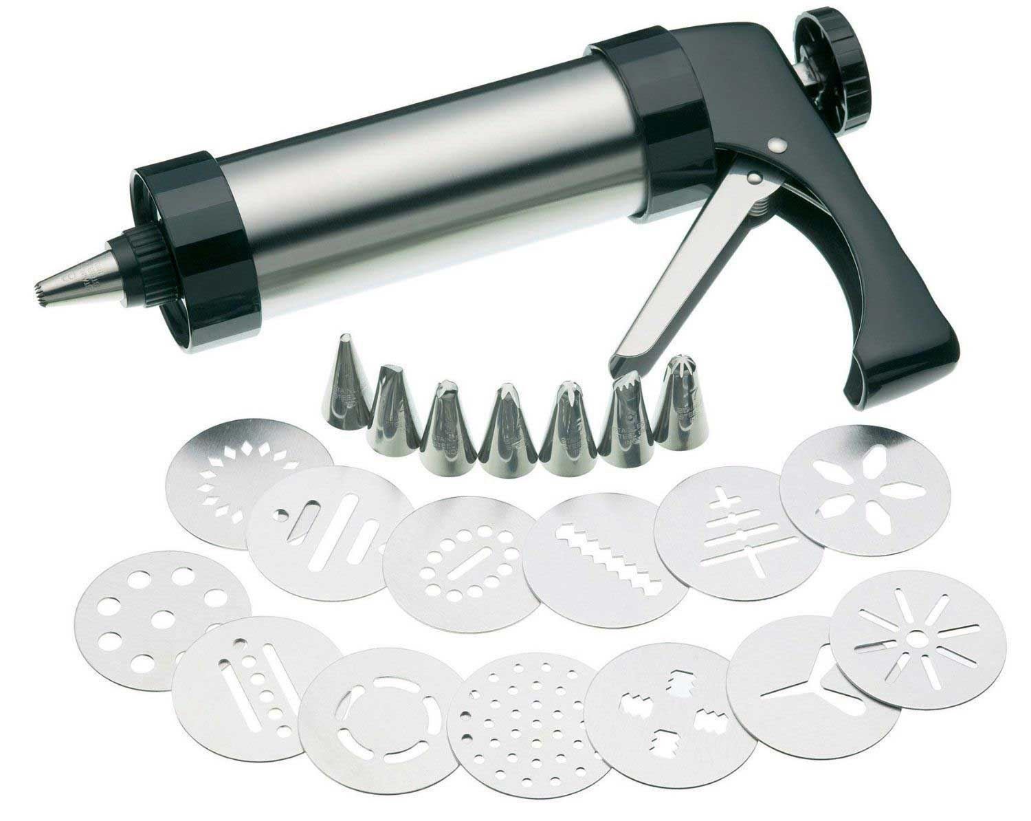 SHATCHI Stainless Steel Press Maker Kit Machine Cookie Molds Cake Icing Tools with 8 Piping Nozzles and 13 Biscuit Discs Cutters, Decorating Gun, Silver