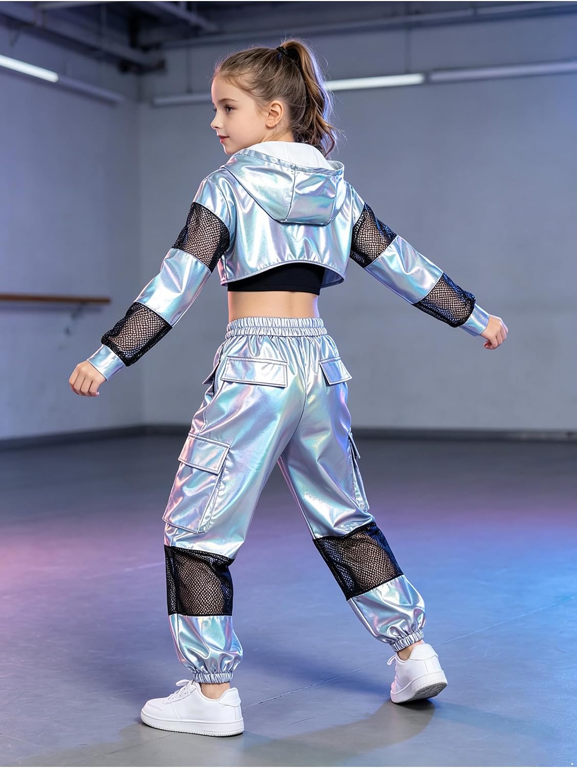Kids Girls Metallic Dance Outfit Sparkle Sweatsuit Silver 6 Years