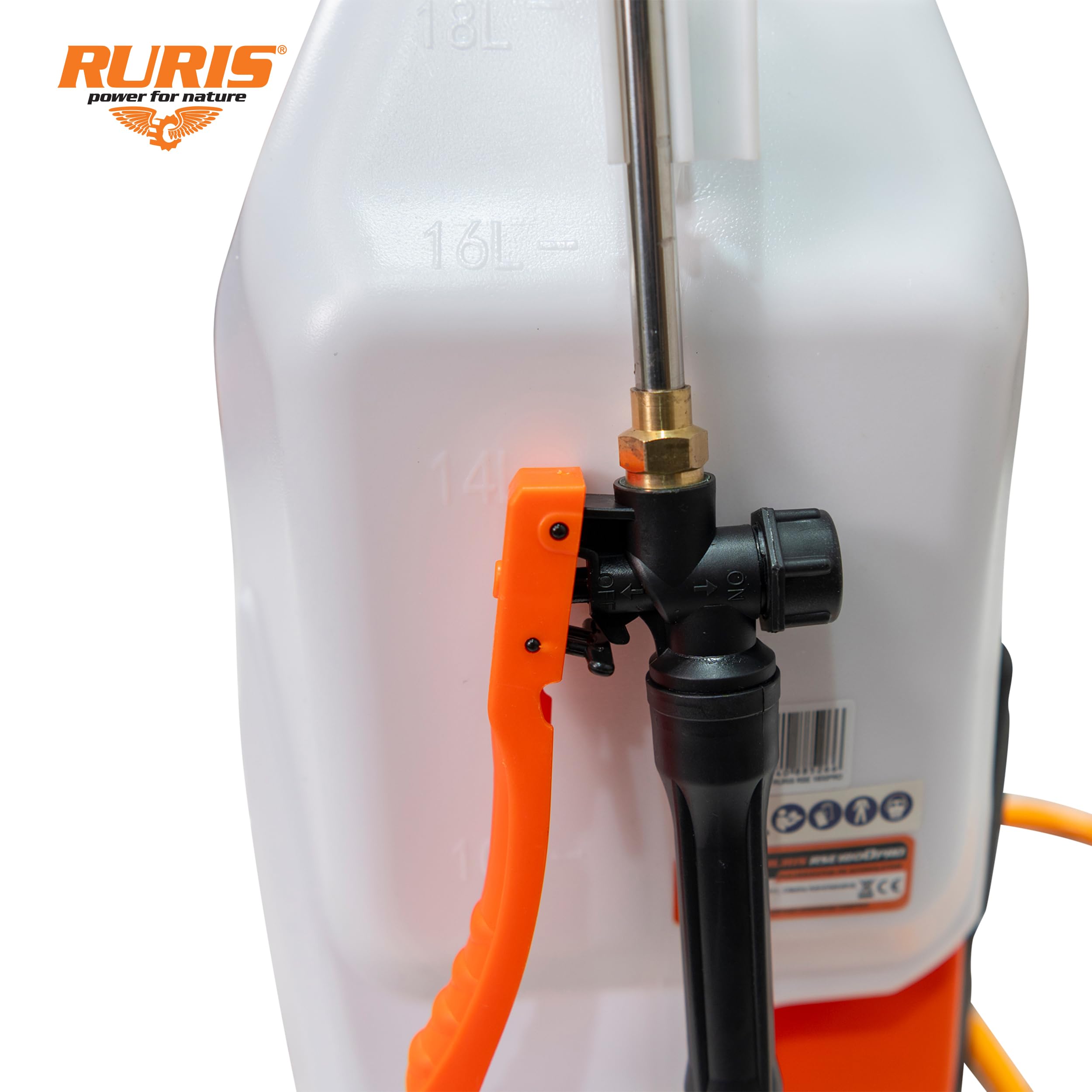 RURIS RSE 1800PRO Pulverisateur Electrique a Dos 18L Batterie Li-ION 20V 4Ah RURIS Alfa UP Non Inclus 6 Bar Autonomie 2.5h Lance Telescopique Metal 4 Buses Affichage LED Pompe a Membrane