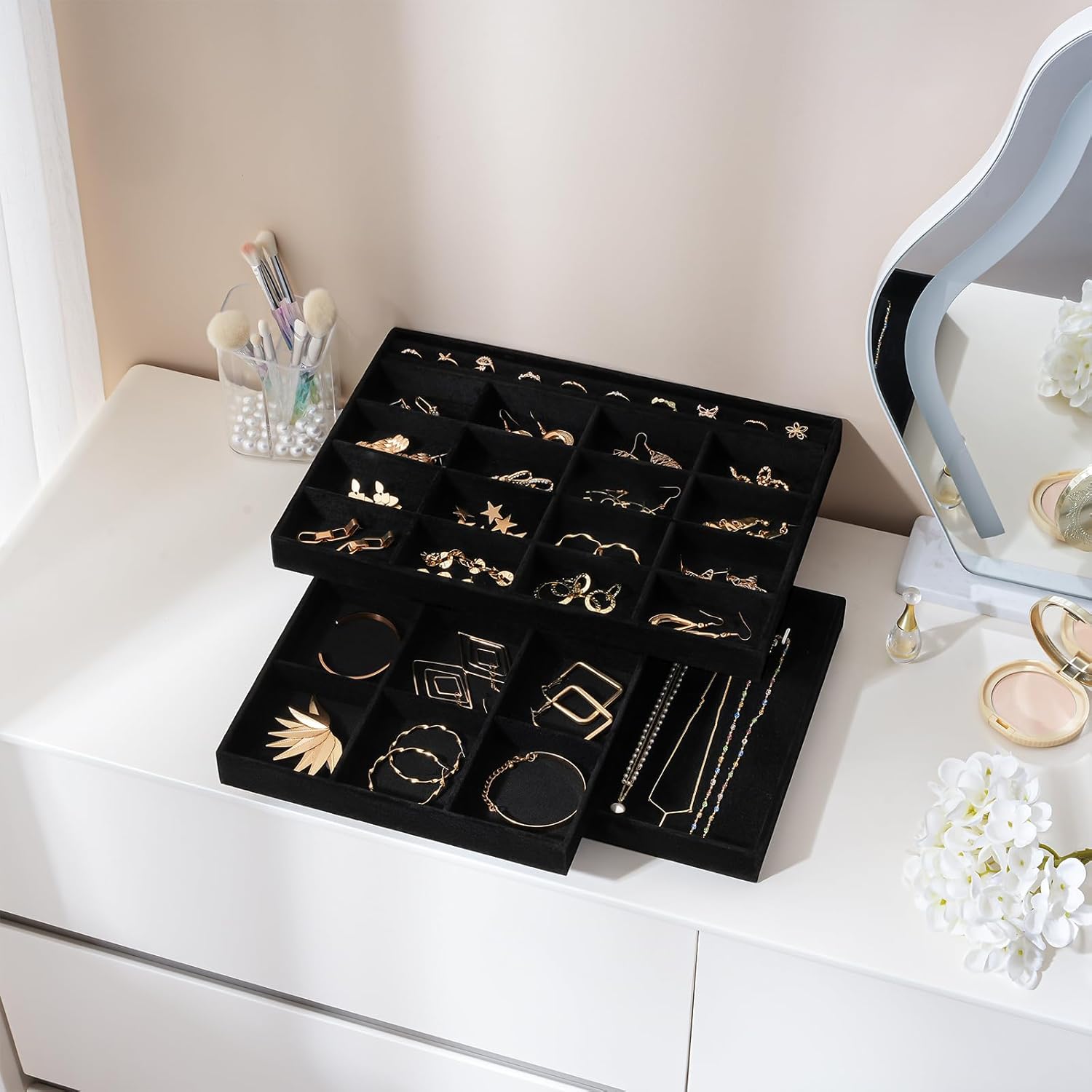ProCase Stackable Large Jewelry Drawer Organizer, 3 Pack Velvet Jewelry Organizer Tray with Removable Dividers for Earring Necklace Bracelet -Allblack