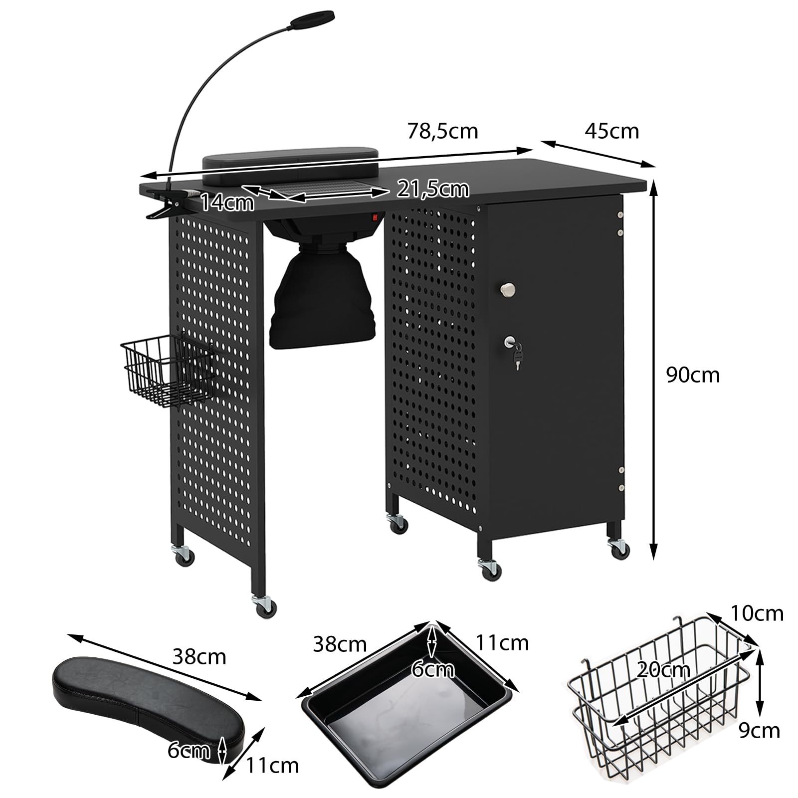 GOPLUS Nageltisch mit 6 Rollen, Maniküre Tisch mit Staubbeuteln & Verstellbares Licht mit Clip & Abnehmbarer Kasten & Metallkorb & Tür & 4 Schubladen, Nagelfrisiertisch, 90 x 45 x 78,5 cm