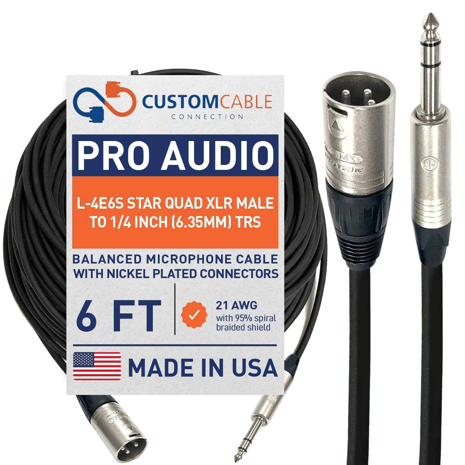 Custom Cable Connection 6 Foot Canare L-4E6S Star Quad 3-Pin XLR Male to 1/4" (6.35mm) TRS Balanced Microphone/Audio Cable