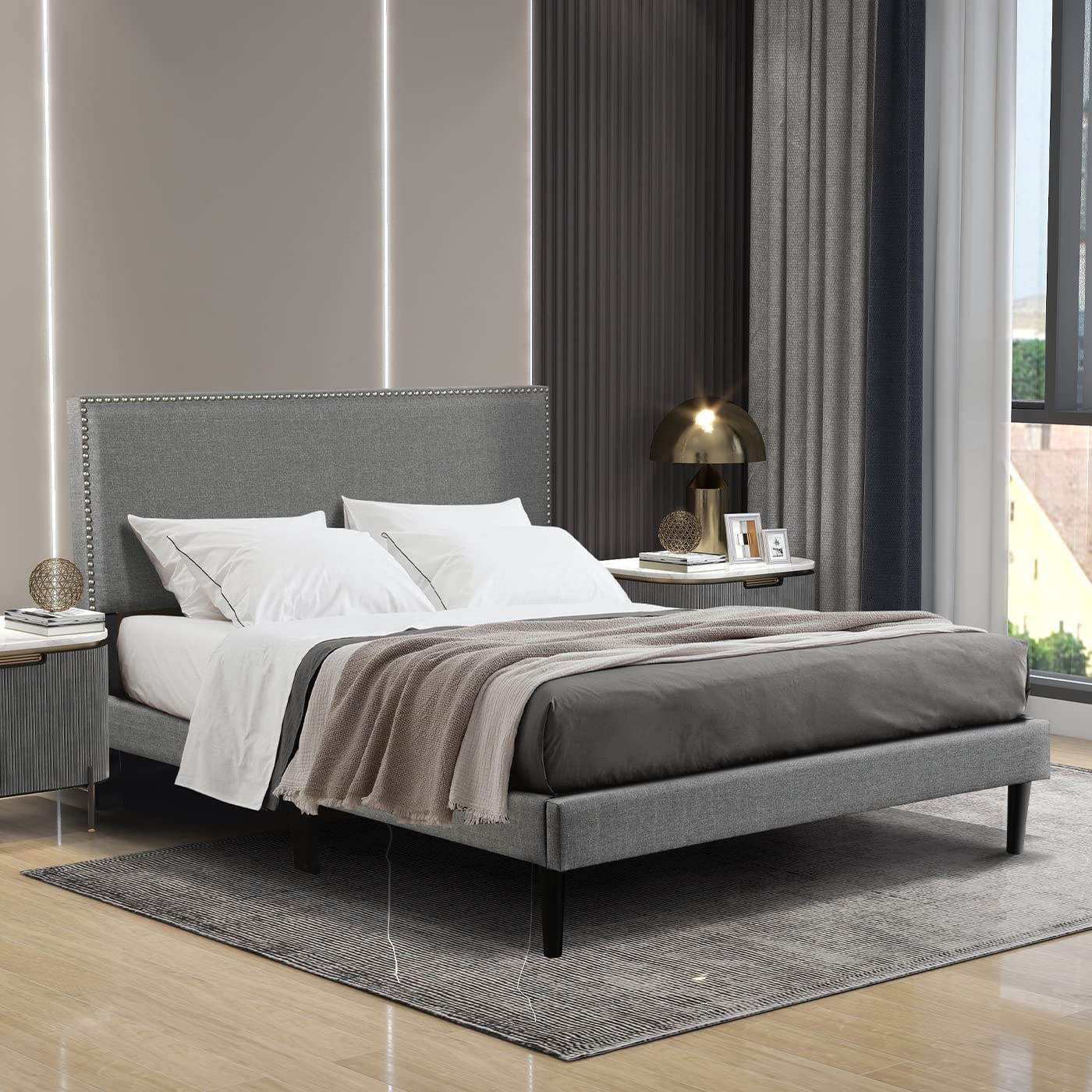 Airdown Queen Bed Frame-Bed Frame with Headboard, Queen Size Bed Frame/Upholstered Platform with Headboard and Wooden Slats, Noise Free, No Box Spring Needed, Light Grey
