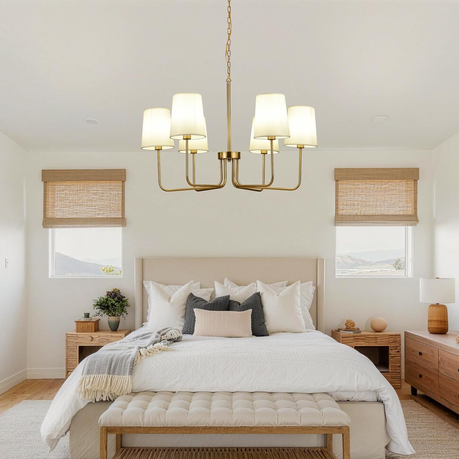 29.5" Gold Farmhouse Chandelier with Shade, 6-Arm Modern Dining Room Chandeliers Light Fixture,Industrial Hanging Pendant Lights for Kitchen Bedroom Living Room Bulb Not Included