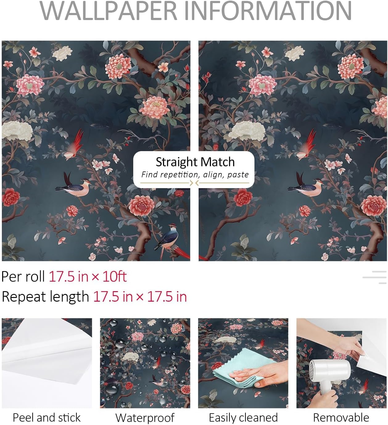 ReWallpaper Dark Teal Floral Bird Wallpaper Peel and Stick Removable Chinoiserie Floral Wallpaper Self Adhesive Contact Paper for Cabinets Bathroom Bedroom Rental Accent Wall DIY Decor 17.5in X 10ft