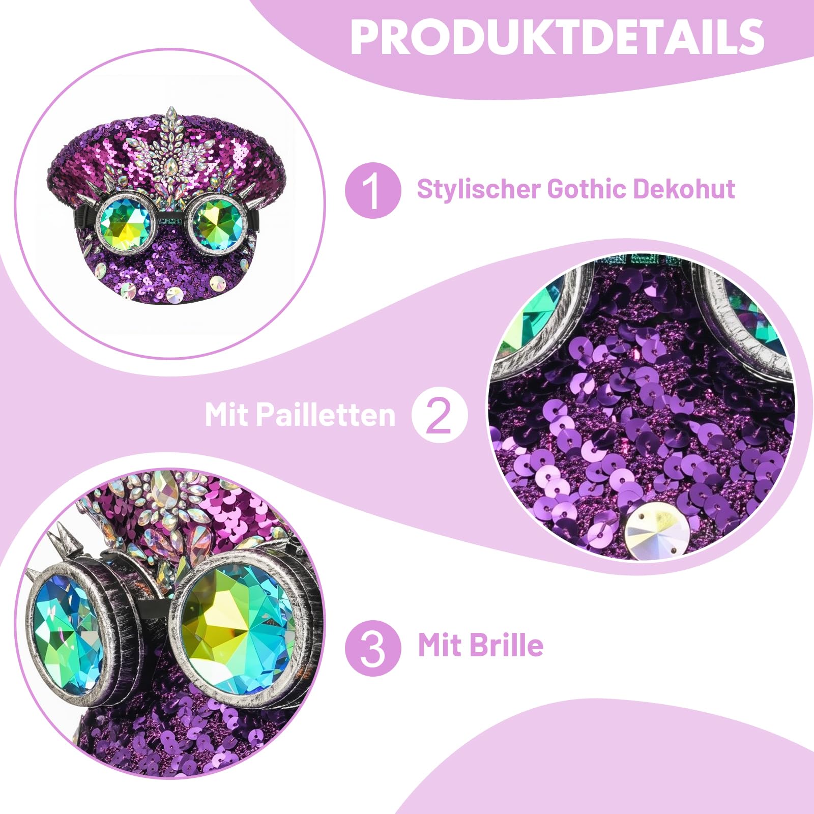 F Fityle Gothic-Hut, Partyhut, Glitzer-Pailletten-Kopfbedeckung, Strass-Brauthut für Karneval, Verkleidung, Bühnenshow, Braut, Hochzeit, Geburtstag, lila