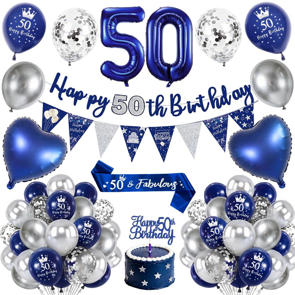 50th Birthday Decorations Men,Royal Blue Silver 50 Birthday Balloons with Happy 50th Birthday Banner, Number 50 Foil Balloons, Birthday Sash, Cake Topper,50th Birthday Party Decorations Set for Him
