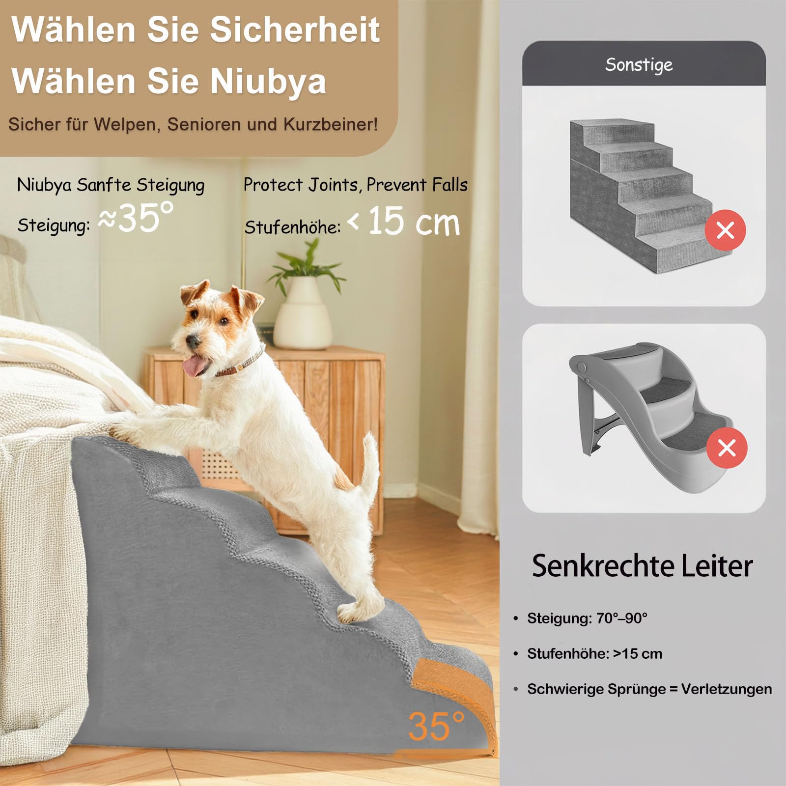 Niubya Hundetreppe für Kleine Hunde, H30 cm, für Katzentreppe Hundetreppe Bett und Sofa, ältere und verletzte Haustiere, mit waschbarem Bezug und hochdichtem Schaumstoff (Grau, 2 Stufen)