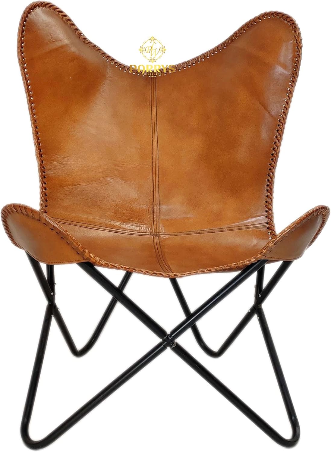 Vintage Brown Leather Living Room Chairs - Handmade Tan Leather Butterfly Chairs for Adults with Powder Coated Folding Iron Frame