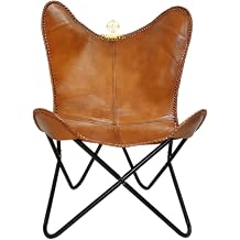 Vintage Brown Leather Living Room Chairs - Handmade Tan Leather Butterfly Chairs for Adults with Powder Coated Folding Iron Frame