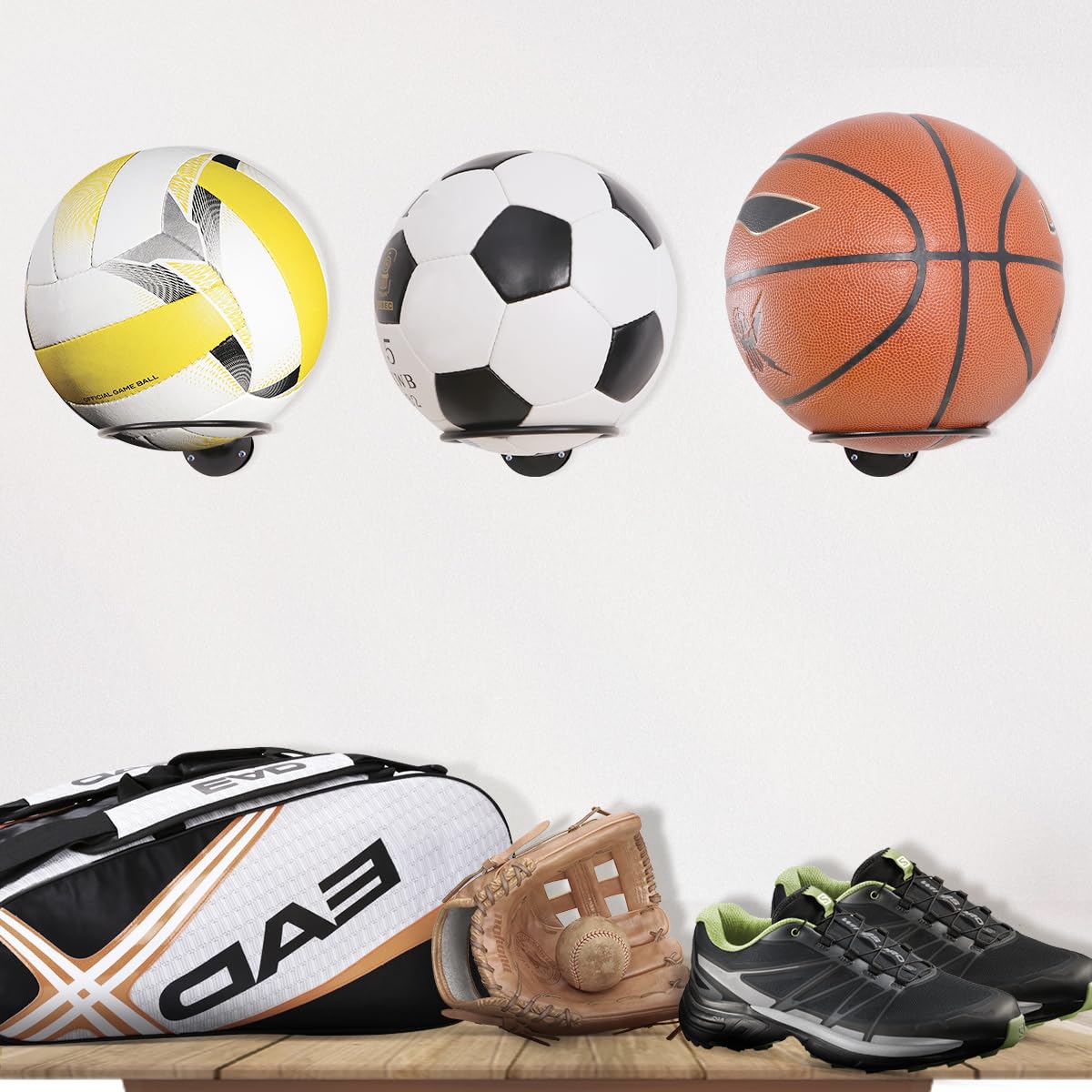 4 Supporti Da Parete Per Palloni In Metallo Nero – Con Viti, Misura 23,5x14 Cm – Per Calcio, Basket, Rugby, Pallavolo - 4