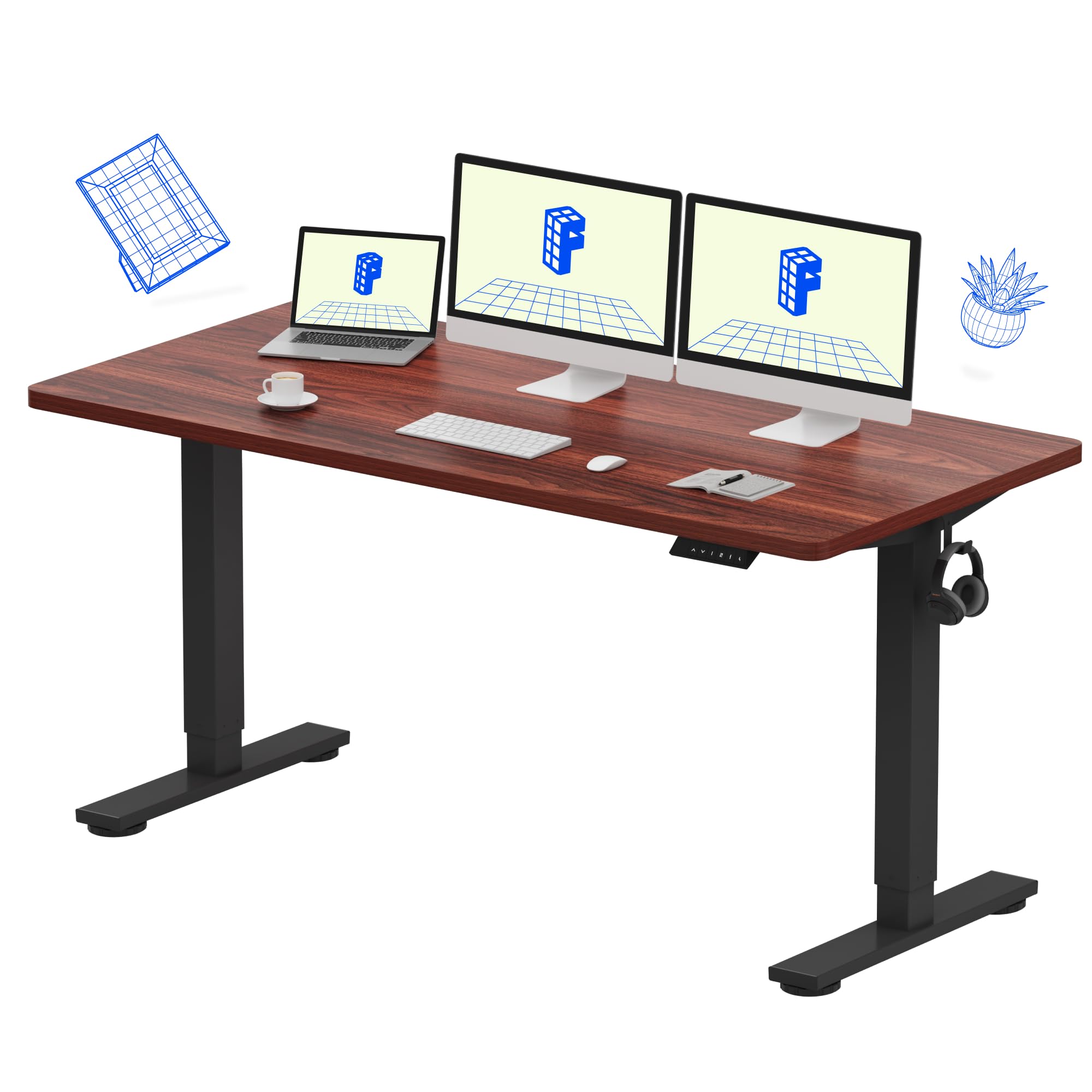 EN1 Whole-Piece Standing Desk 60"x24" Electric Stand Up Desk Workstation, Home Office Computer Standing Table Height Adjustable Desk (Black Frame + Mahogany Top, 2 Packages)