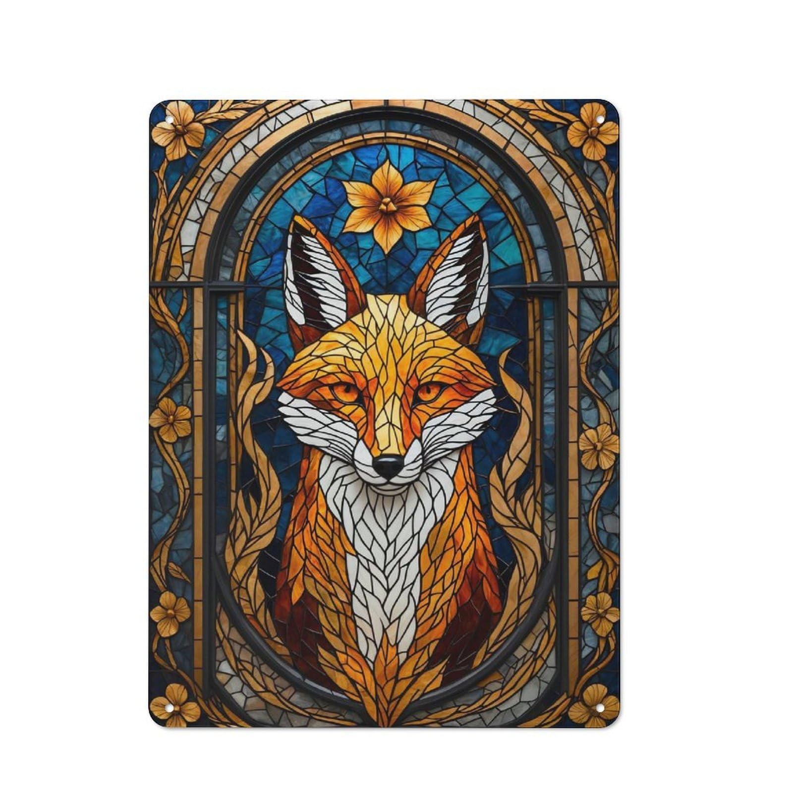 Retro Kitsune Stained Glass Fox Metal Sign 40x30cm, Home Bar Decor for Pub, Home Bar, Shed Or Man Cave, for Relaxed Wall Styling