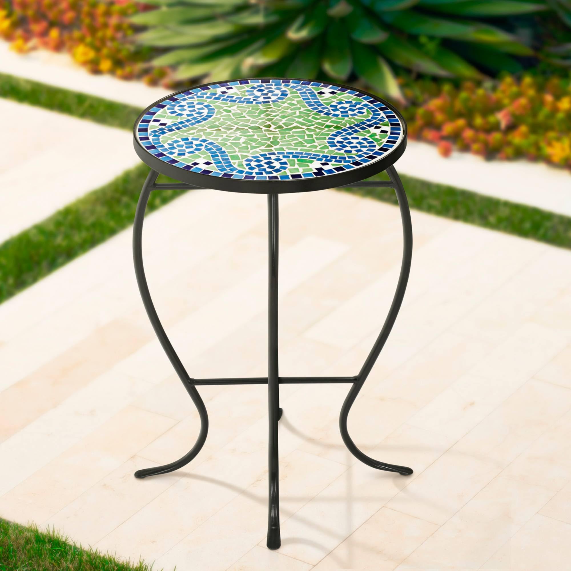Teal Island Designs Ocean Wave Modern Industrial Black Iron Metal Round Outdoor Accent Side Table 14" Wide Light Green Mosaic Tile Tabletop Gracefully