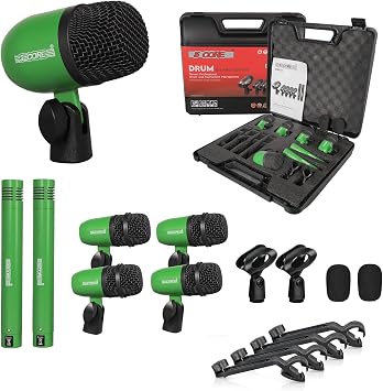 5 CORE Drum Mic Kit 7-Piece Wired Dynamic Kick Bass Tom/Snare & Cymbals Microphone Set for Drums Vocal & Other Instrument Included Thread Clip, Inserts, Mics Holder and Case, Green
