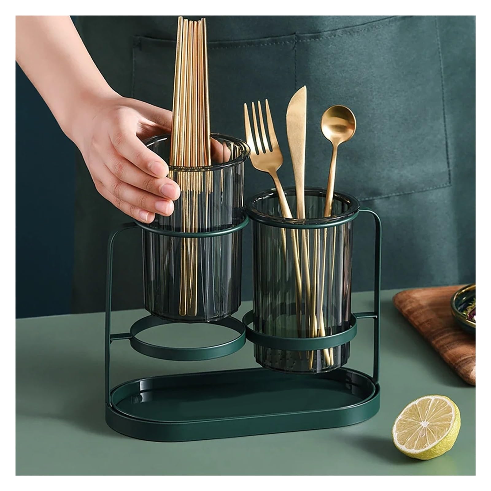Support de baguettes vert foncé, égouttoir cuisine, couverts en acier inoxydable épais, rangement simple et facile à nettoyer(Green)