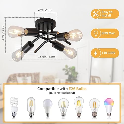 Miniatura 2 de WILON Lámpara de techo semiempotrada, moderna lámpara de techo empotrada, lámpara Sputnik de 4 luces color negro mate con base de bombilla E26