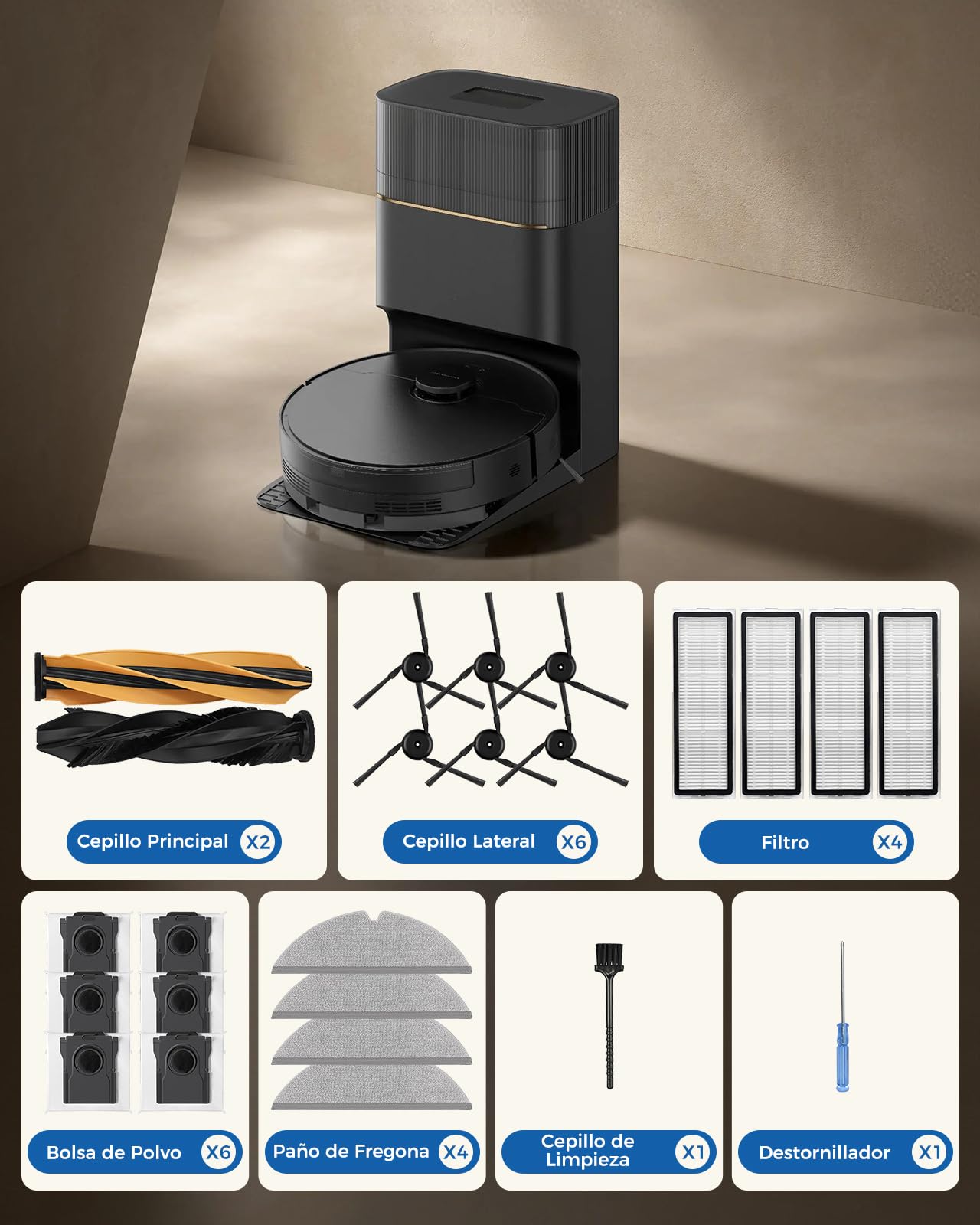 D20 Pro Plus Accesorios para Dreame D20 Pro Plus Robot Aspirador, 24 Piezas de Recambio: 2 Cepillos Principales, 6 Cepillos Laterales, 6 Bolsas de Polvo, 4 Filtros HEPA, 4 Paños de Fregona