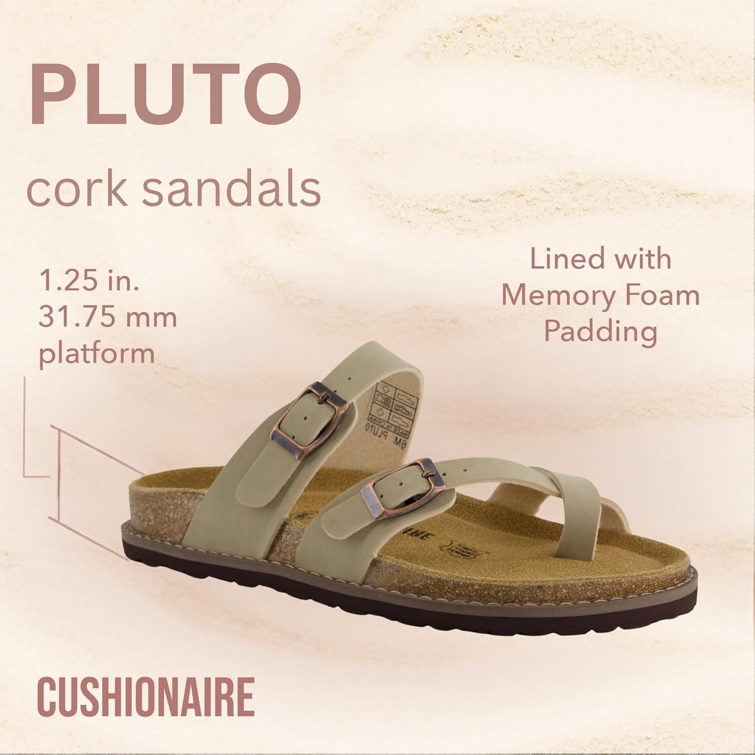 CUSHIONAIRE Pluto Cork Footbed Summer Sandals for Women Comfortable Slides with Adjustable Buckles, Toe Loop & Stitched Design – Stylish Slip On Women Footwear 9 Wide Stone image 6 of 9 B0FHRTHCR1