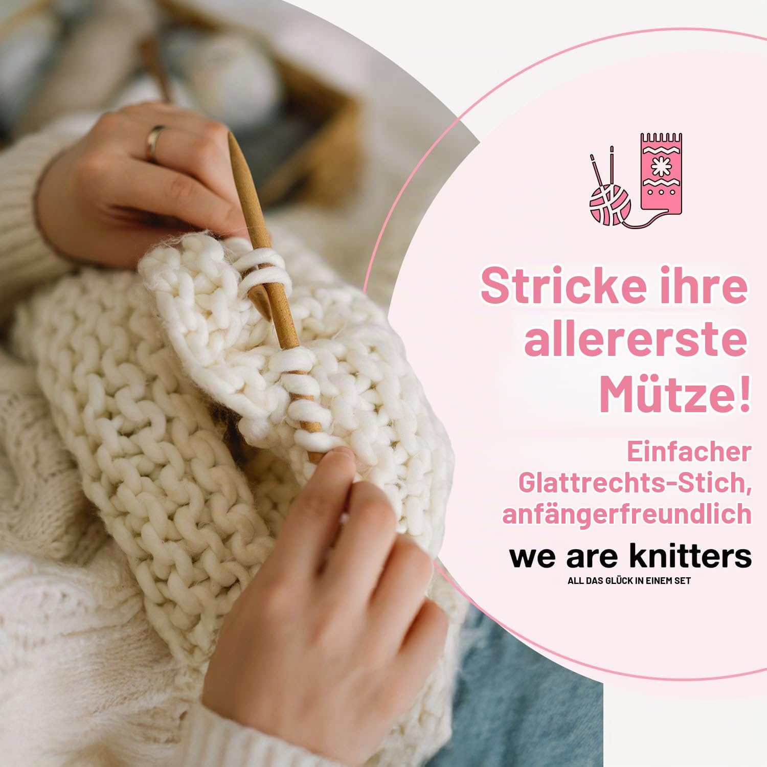 We Are Knitters Loris Beanie Strickset für Babys, DIY Mütze aus 100% Alpaka Wolle zum Stricken, Häckel kit für Anfänger, Strickset für Anfänger inkl. Stricknadeln Set, Größen 0-6M & 6-12M