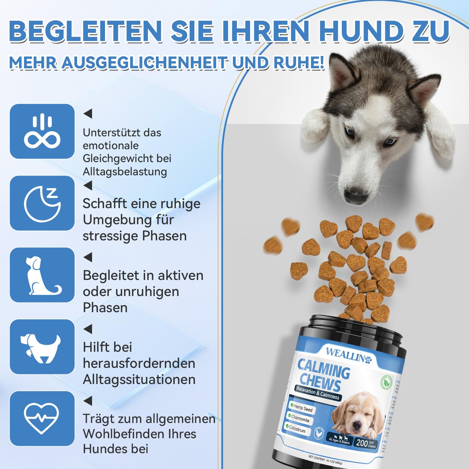 WEALLIN Beruhigungsmittel für Hunde 200 Kaubleck Natürliche Beruhigungs Snacks für Hunde, Unterstützt das Gleichgewicht bei Trennung, Unruhe, Reisen, Gewitter Für alle Rassen & Größen Huhn Geschmack