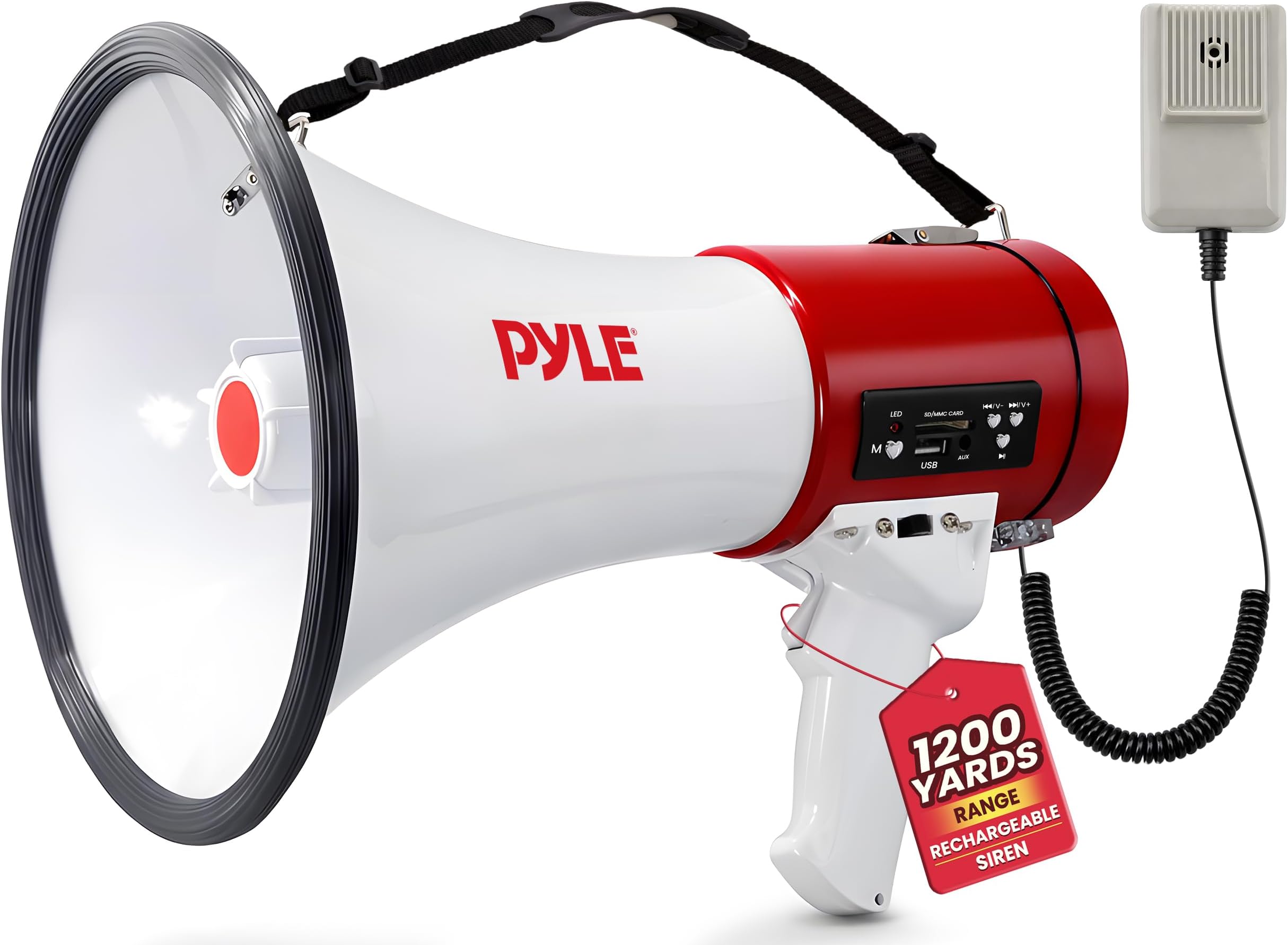 Pyle Rechargeable Megaphone Speaker with Siren, Bullhorn 50W with Loud Speaker, For Music, Whistle and Record Cheer Megaphones, For Soccer Coach and Football Game Day Essentials