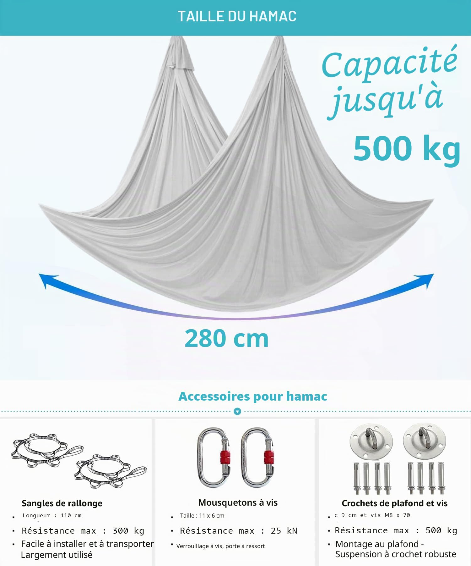 Kit de Yoga pour Adultes, Accessoires de Yoga, Charge de 500 kg, Matériel D'installation Complet Inclus