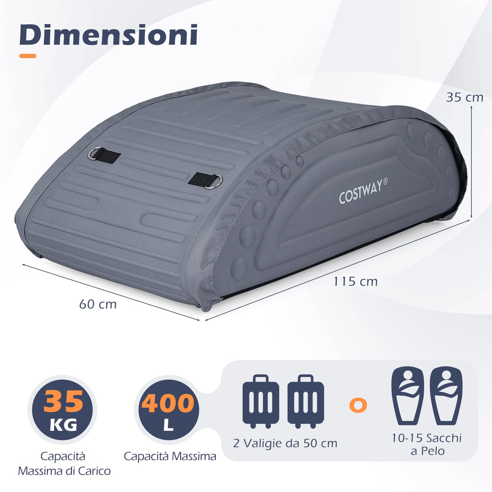 COSTWAY Borsa da Tetto per Auto Impermeabile 14Cu.Ft/400L, Box Tetto Universale Pieghevole con Borsa+ 4 Cinghie Rinforze+ 4 Ganci, Portabagagli per Tutti i Veicoli con/senza Barre Portapacchi (Grigio)