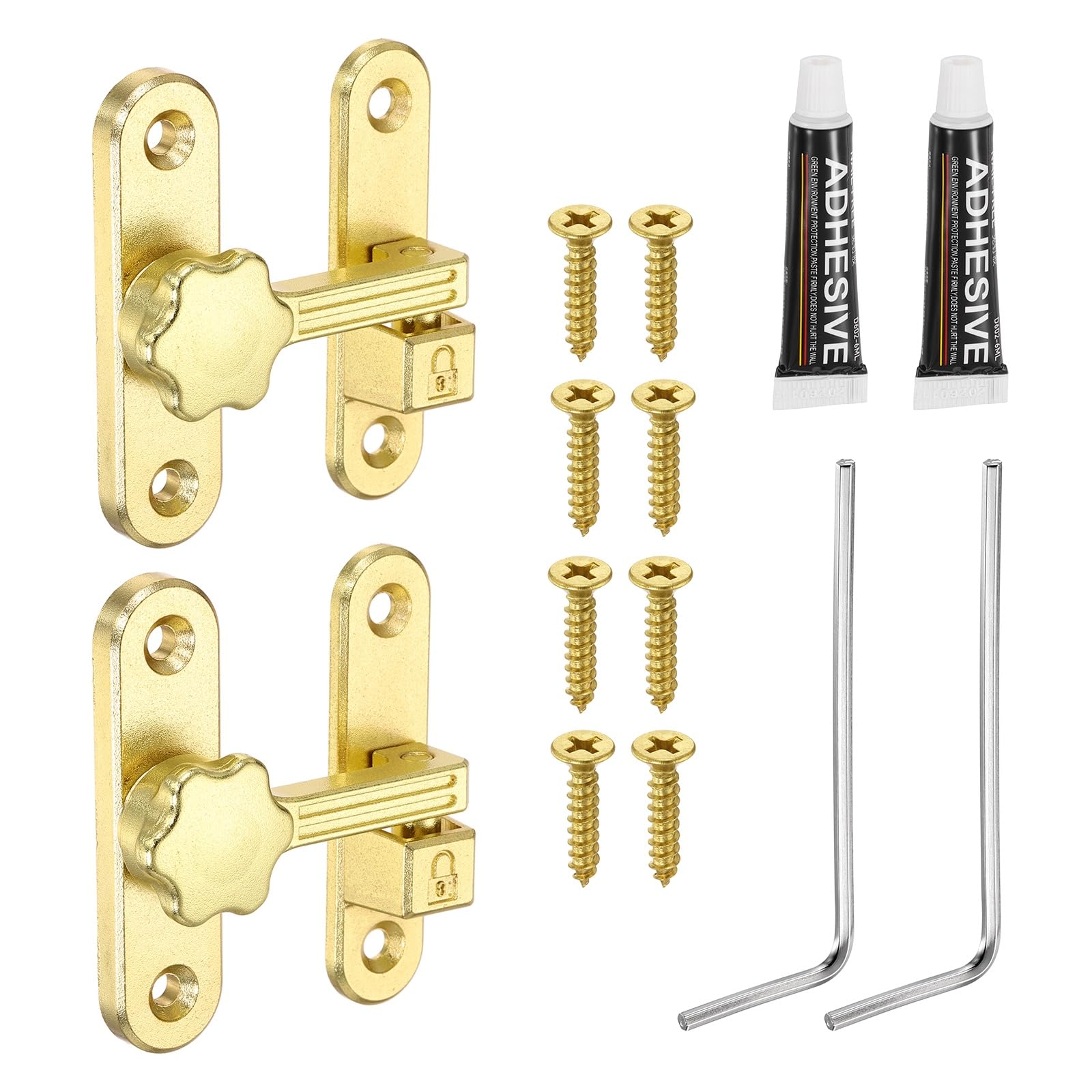 sourcing map 2Pcs Barn Door Lock, 90/180 Degree Flip Barn Door Lock Zinc Alloy Sliding Security Latch with Screws & Nail-Free Adhesive for Garden Bathroom Garage, Gold