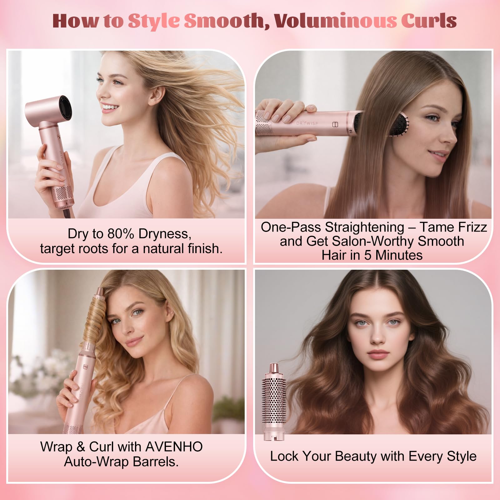 5 in 1 Spazzola Asciugacapelli Airstyler, Arricciacapelli Automatico, Spazzola Lisciante, Volumizzante, Adatto a Tutti i Tipi di Capelli - Blush