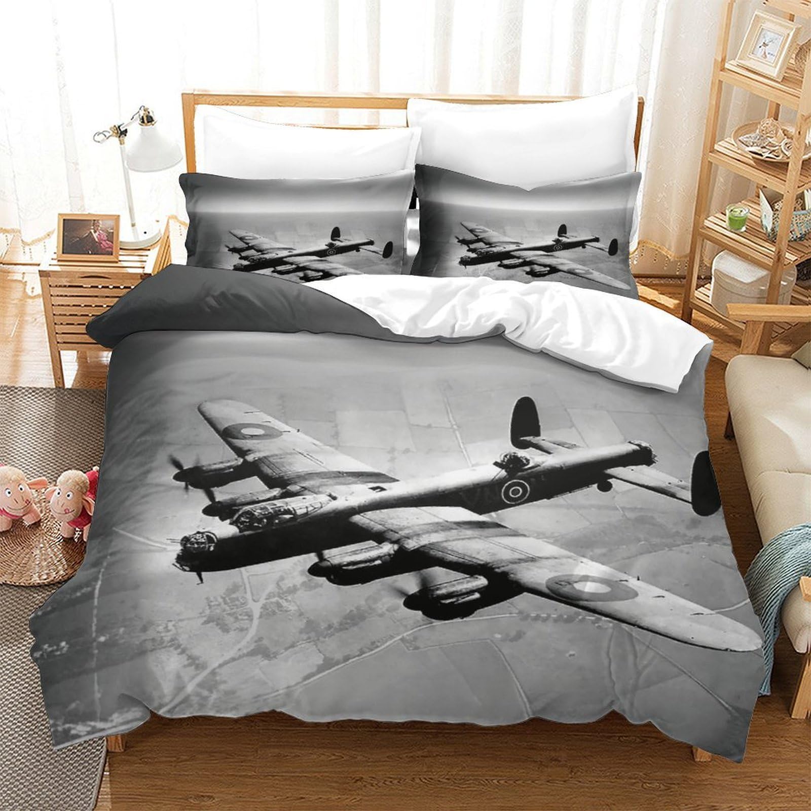 XiaopangXY WW II Aircraft Warmth Bedding Set Hidden Zipper Duvet Cover with Pillowcases Lancaster Bomber Quilt Cover Soft Microfiber Comforter Cover for Kids & Adults King（220x240cm）