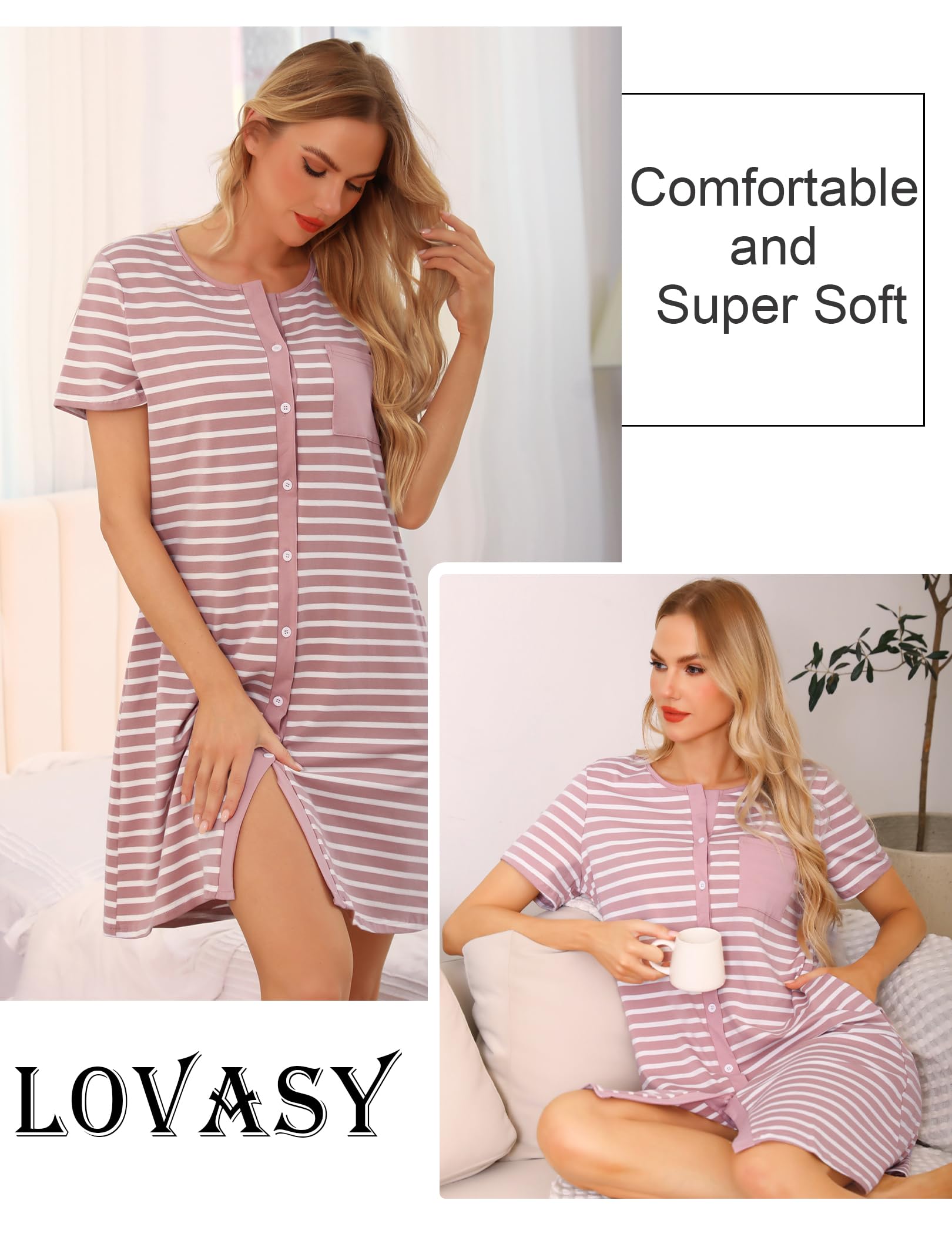 Lovasy Camicia da Notte in Cotone Donna Camicia da Notte Manica Corta a Righe Scollo a V Sexy Sottoveste Curvy con Bottoni Davanti Abito da Notte Estiva con Tasche